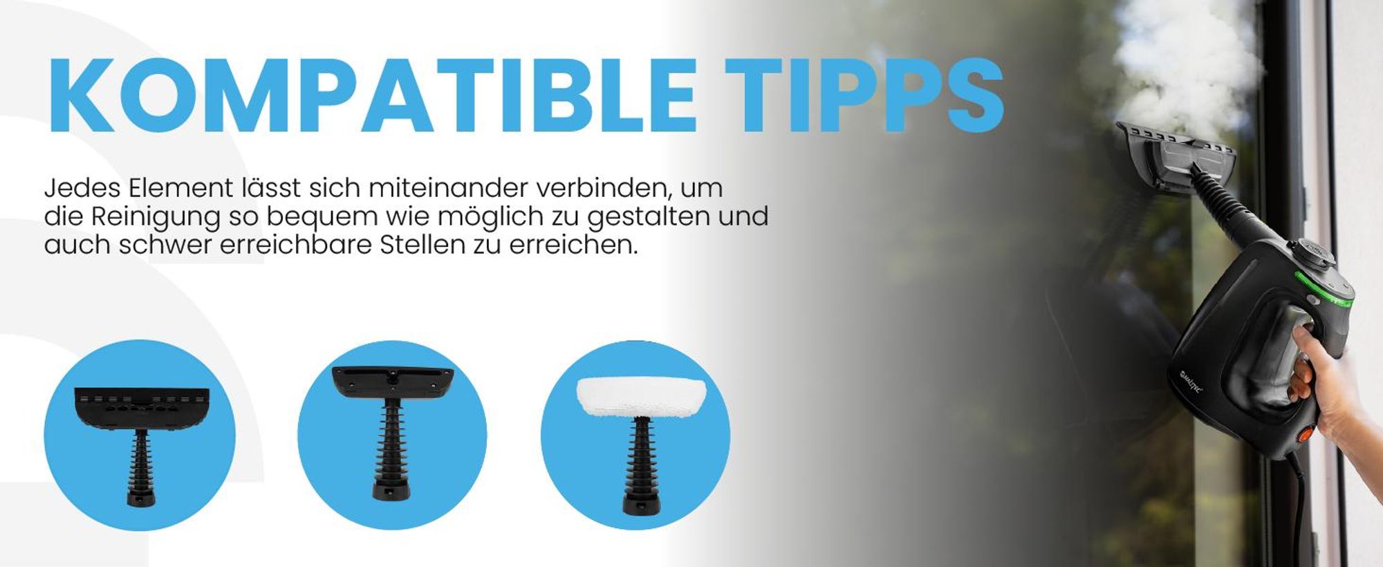 MalTec Dampfreiniger Hochdruckreiniger 1350W Handgerät für Fenster Polstermöbel Fuge 3 bar