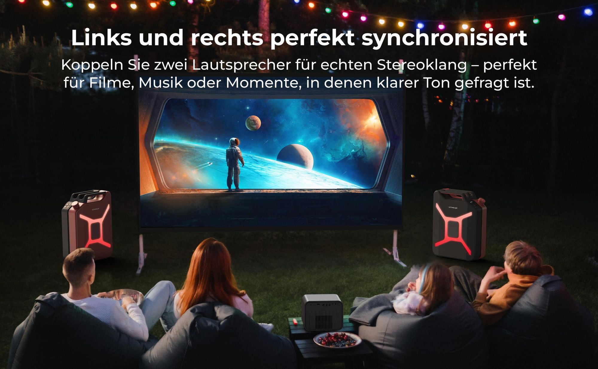 ULTIMEA Go tragbarer Party-Lautsprecher, 300 W Bluetooth PartyBox mit Bass-Boost, RGB-Beleuchtung, Mikrofon-/Gitarreneingang, Party & Outdoor, Rot