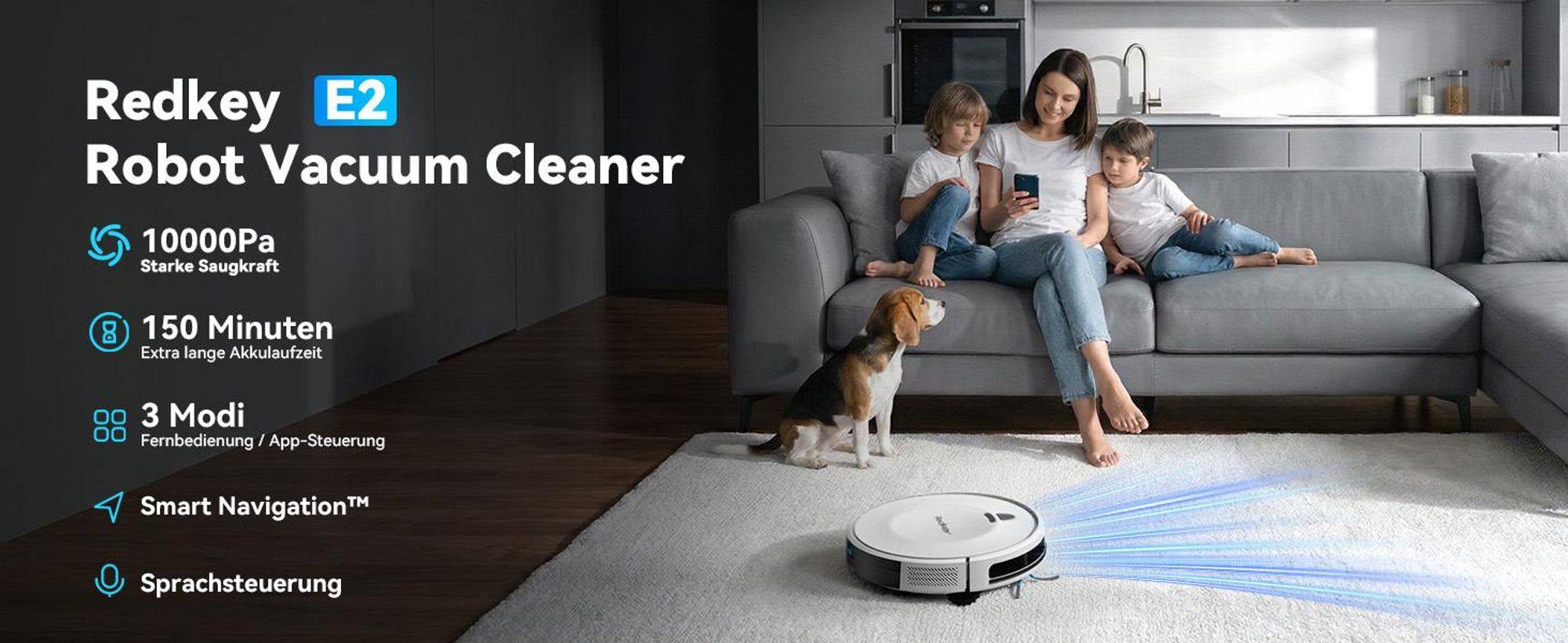 Staubsauger Roboter 10000Pa-Redkey E6 - Ultradünn & Leise, 150 Min Laufzeit, Ideal für Teppiche, Tierhaare und Hartböden, mit WiFi/Alexa/App-Steuerung