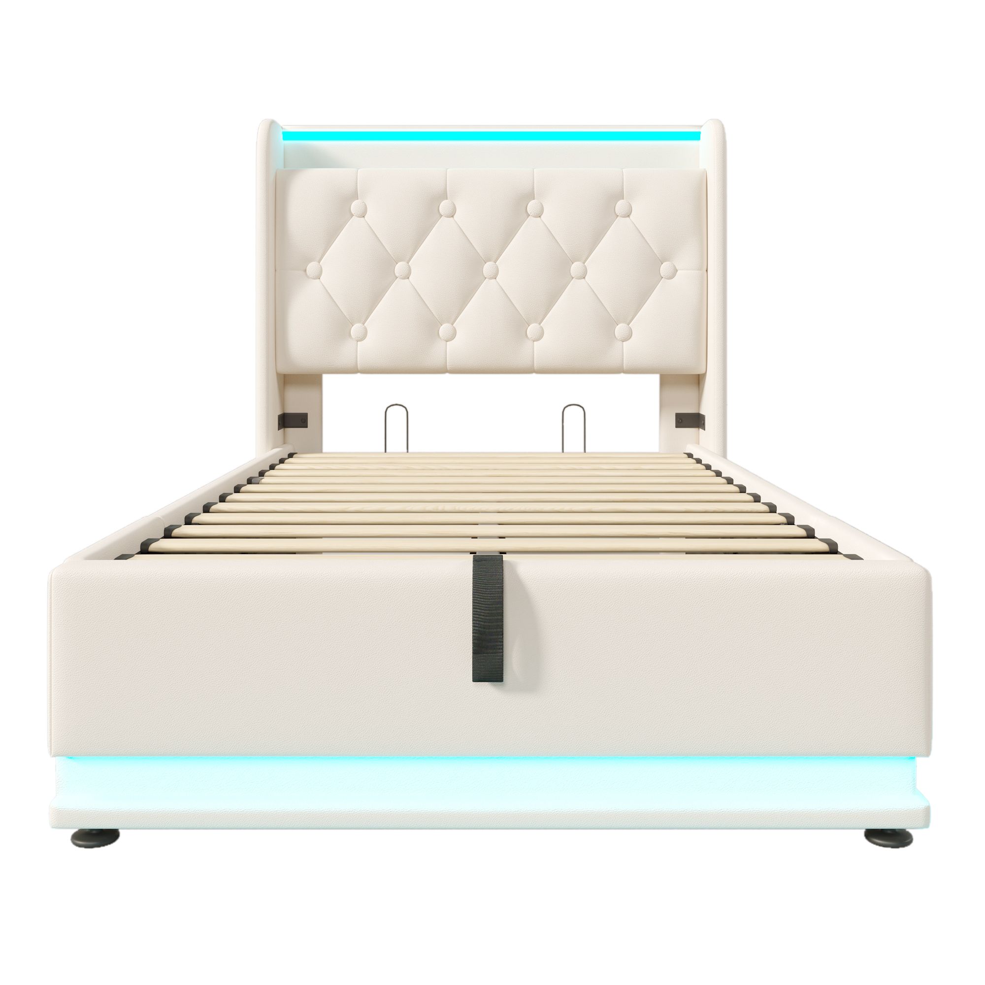 Flieks Polsterbett 90x200cm mit Ladefunktion (USB&Typ-c), Jugendbett Einzelbett Stauraumbett mit LED, Hydraulisches Boxspringbett, PU, Weiß
