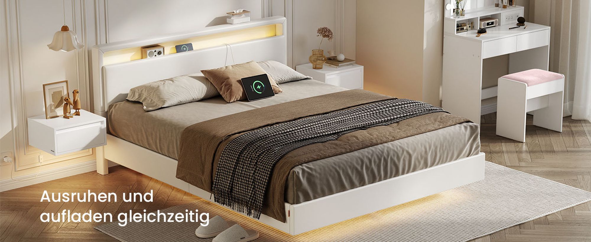 VASAGLE Bettgestell, Doppelbettgestell, 160 x 200 cm, schwebender visueller Effekt, Bett mit LED-Beleuchtung, hohem Kopfteil, Ladestation, modern
