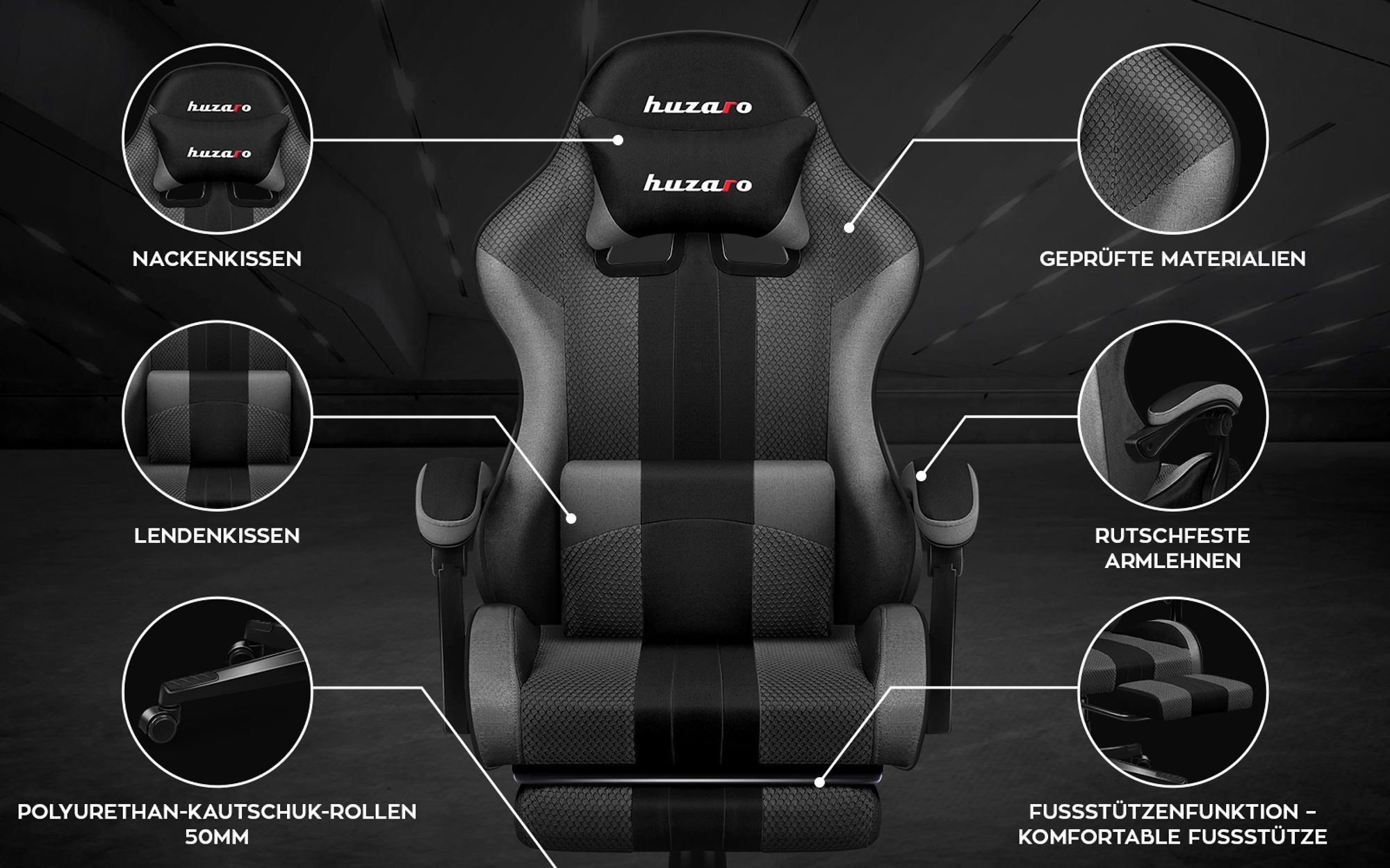 Huzaro Force 4.7 | Gaming Stuhl Bürostuhl Computerstuhl PC Chair | 90-140° Neigungswinkel Kopfstütze Lendenkissen Fußstütze Stoff | Grau