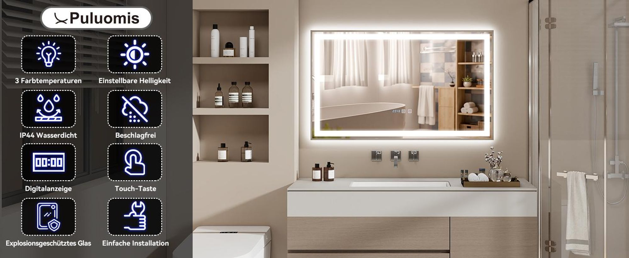 Puluomis Badspiegel 100x60 beschlagfrei mit 3 Farbe Beleuchtung, dimmbare Helligkeit, Badezimmerspiegel mit Digitaluhr, Temperatur silber
