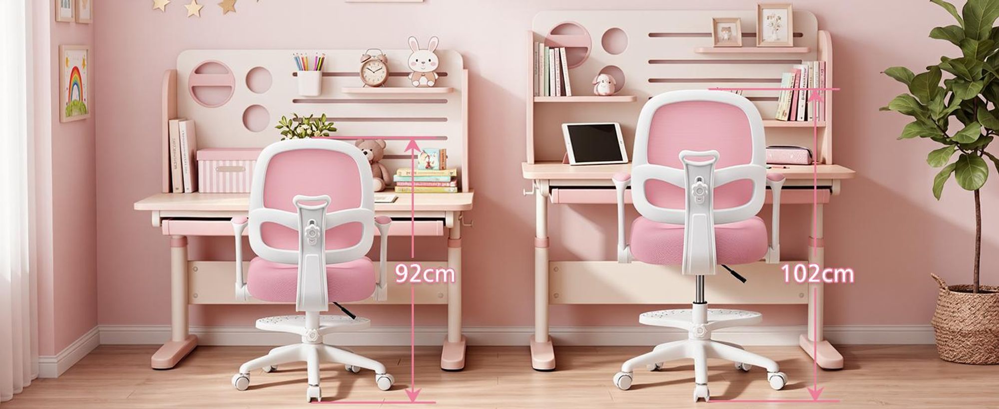 HOFFREE Ergonomischer Schreibtischstuhl für Kinder - mit verstellbarer Rückenlehne, sattelförmigem Sitzpolster, um 90° hochklappbaren Armlehnen, Pink