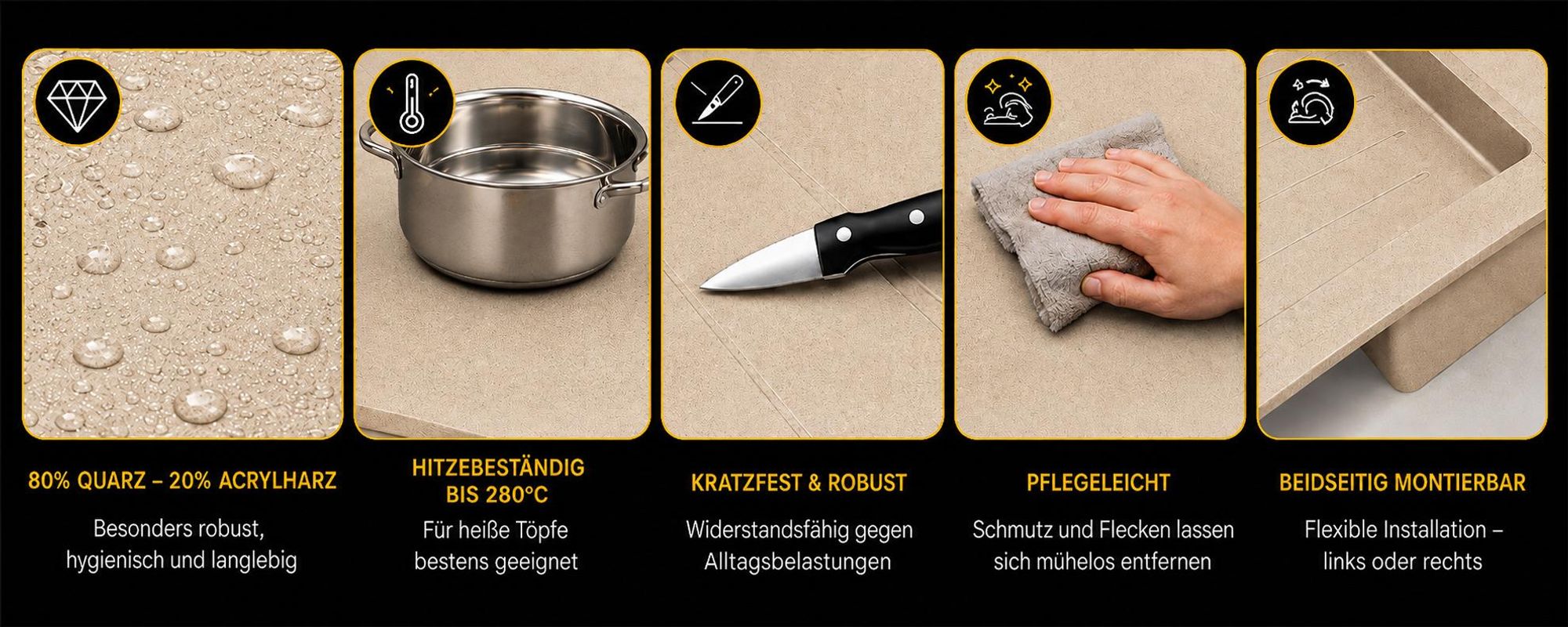 Granitspüle 76x44 cm mit Beige Armatur – Küchenspüle aus Granit, Einbauspüle Eckig, Beidseitig Montierbar, Spülbecken inkl. Siphon Set, Für 45 cm Unterschrank, Kratzfest & Hitzebeständig