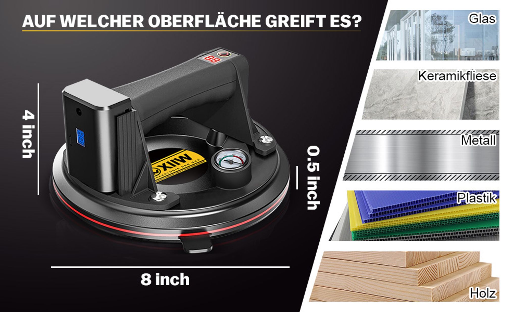 2X LED- Elektrischer Saugheber Mit 2X Akku Saugnäpfe Max. 300KG, Glasheber 8" Vakuum Starker Saugnapf für schweres Glas,Fliesen, EisenplatteSchiefer