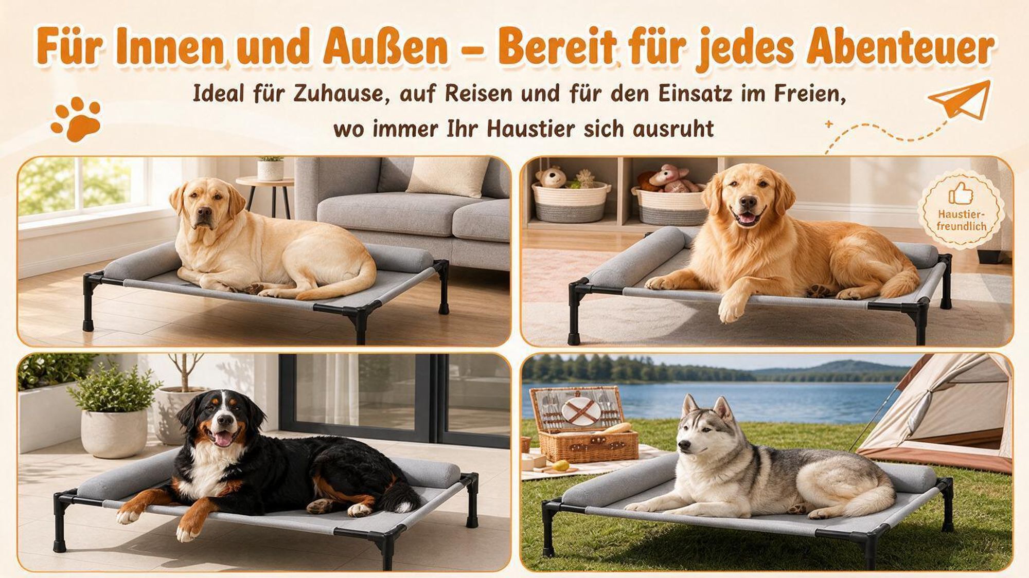 Ganzjahres Hundeliege, Erhöhtes Hundebett mit L-förmigem Nackenkissen 66×45×17 cm – Hunde Outdoor Bett, Hundesofas, Waschbar & Atmungsaktiv, Grau, XL