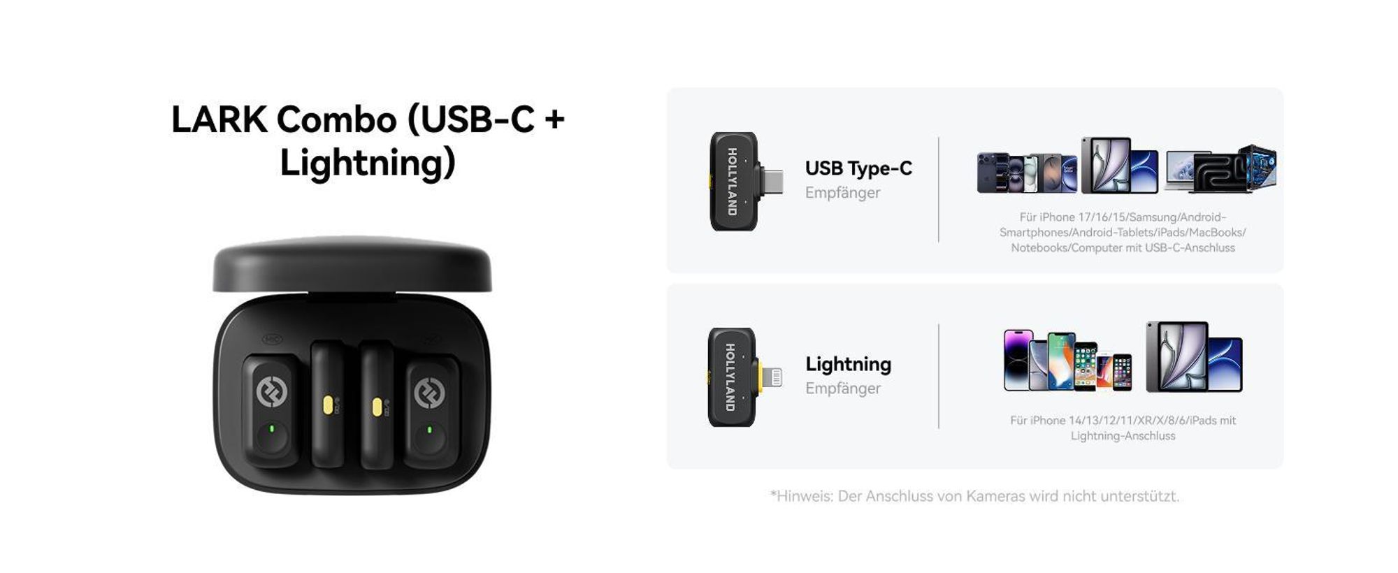 Hollyland Lark A1 Combo USB-C RX + Lightning RX + Ladecase-Mikrofon