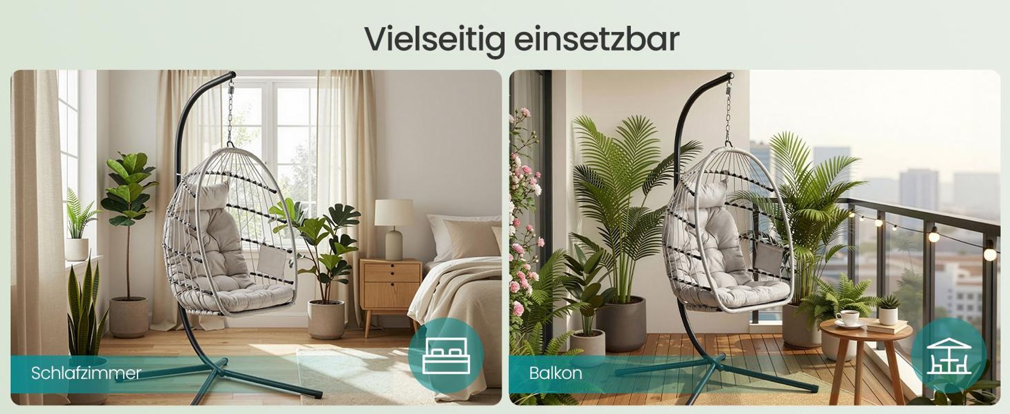 SONGMICS Schaukelstuhl mit Gestell, klappbarer Korbsessel höhenverstellbar, Hängeschaukel für Garten Balkon, Kissen, weiß