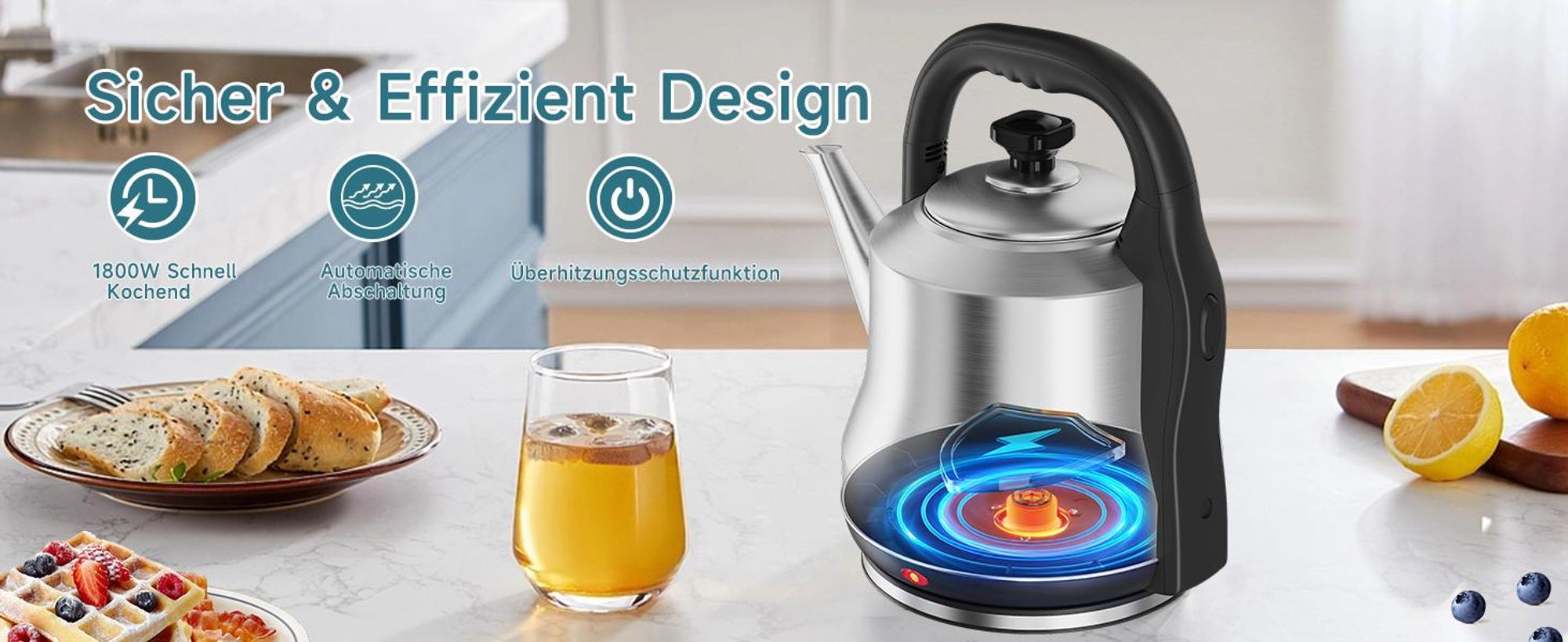 SCHEFFLER Wasserkocher Edelstahl 6Liter Teekocher Elektrischer Trockengehschutz Schnellkochfunktion Perfect-pour-Ausgustülle Fester Filter BPA-frei