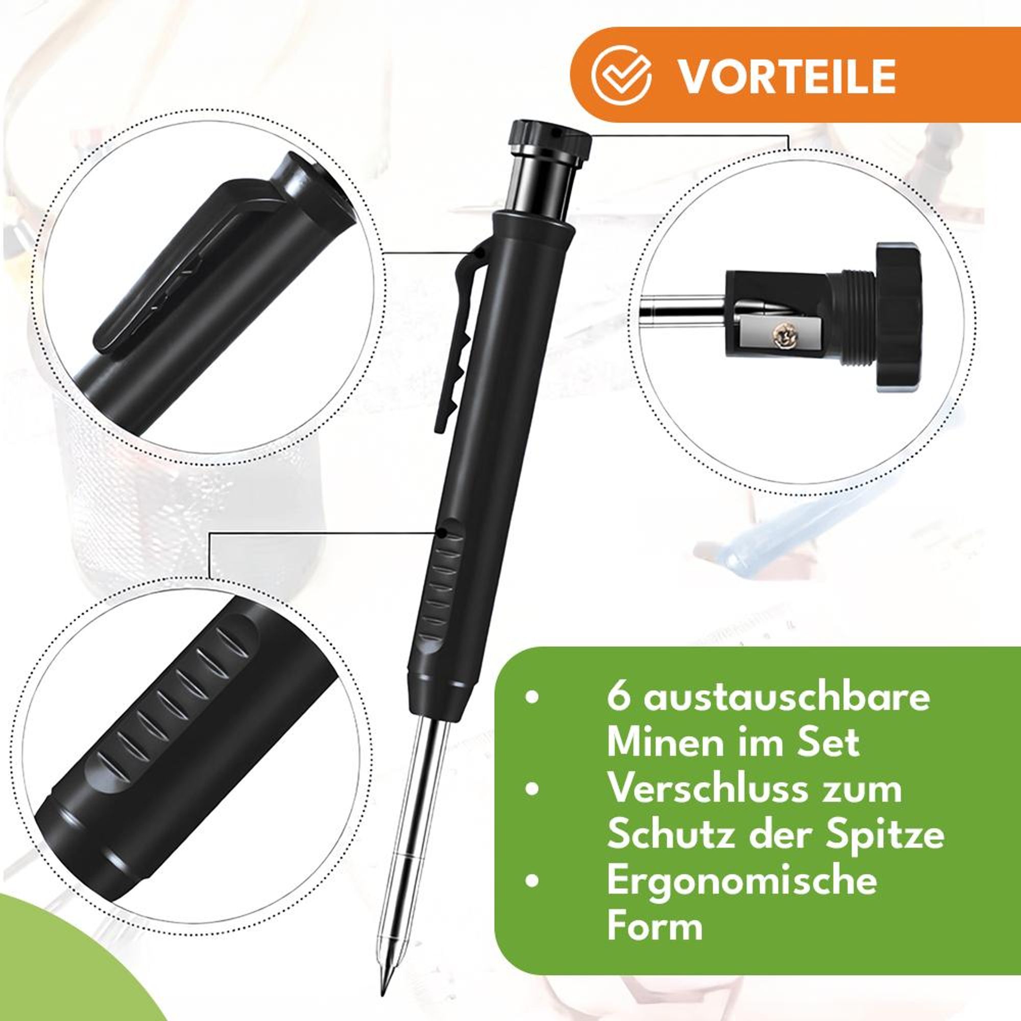 KRUMAD Tieflochmarker Zimmermannsbleistift, Markierstift mit 6 Minen 2,8 mm, Bau Marker für Bohrlöcher, Handwerker Werkzeug