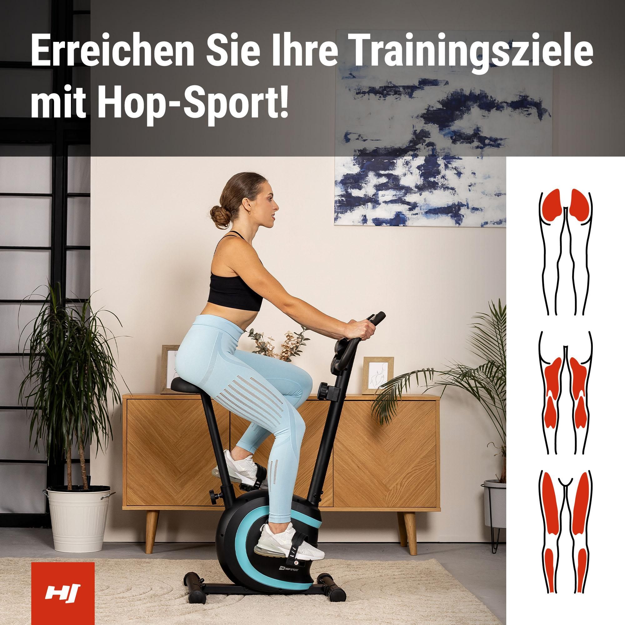 HOP SPORT® HS-015H Heimtrainer Fahrrad für Zuhause mit magnetischem Widerstandssystem, Pulsmessung, 8 Stufen - Hometrainer, Fitnessbike 120 kg, Türkis