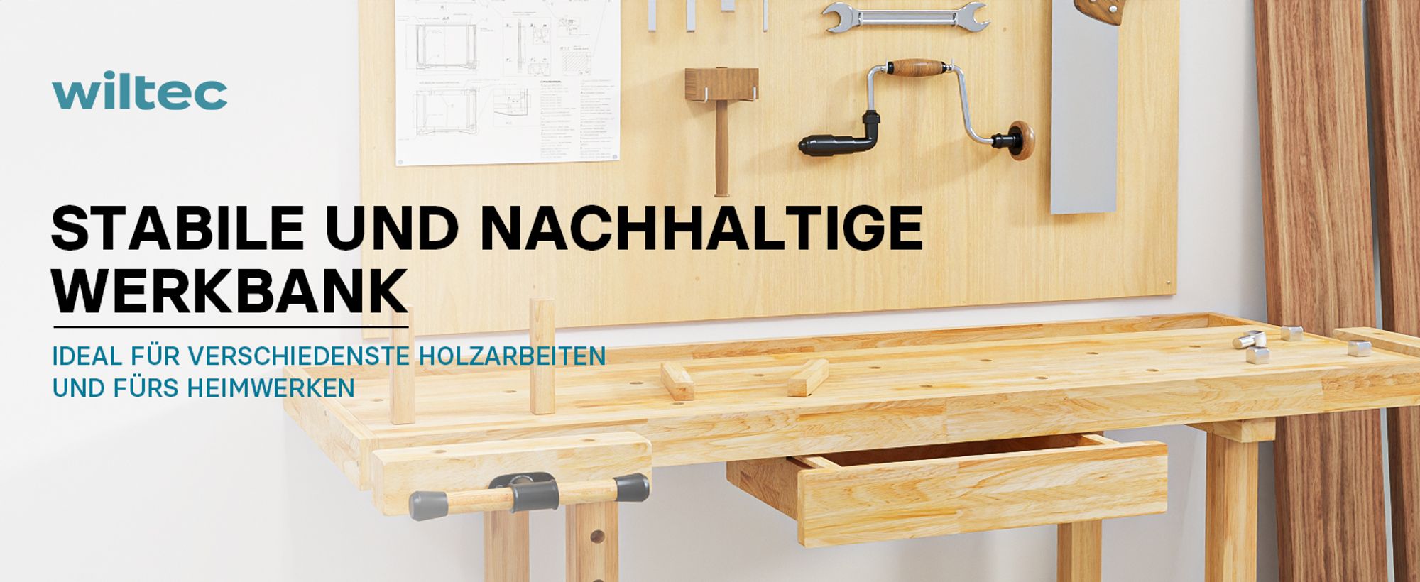 Wiltec Werkbank 151 x 61,5 x 86 cm aus Holz, Werktisch aus Rubberwood, Hobelbank bis 150 kg belastbar, Werkzeugbank mit Schublade und Spannzangen