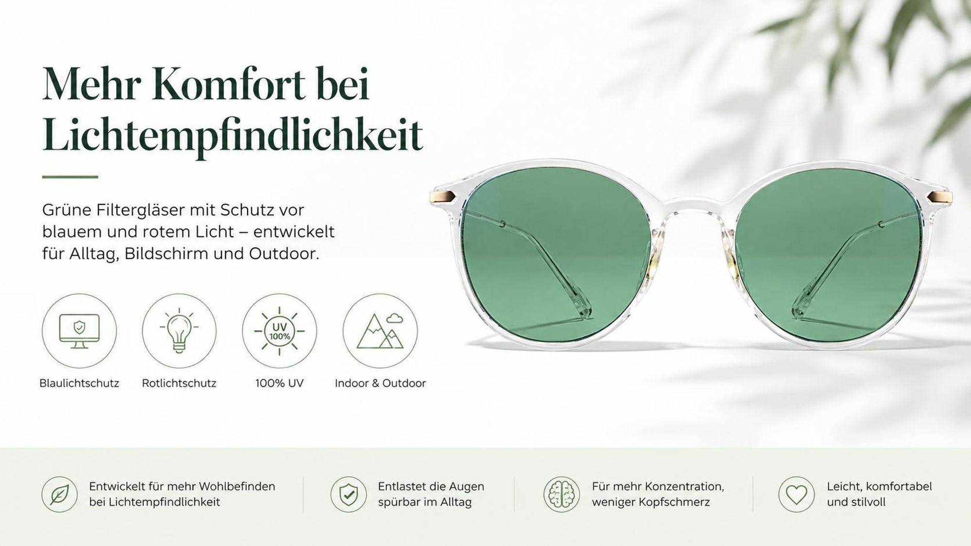 Grüne Brille mit Schutz vor blauem, rotem und UV-Licht.