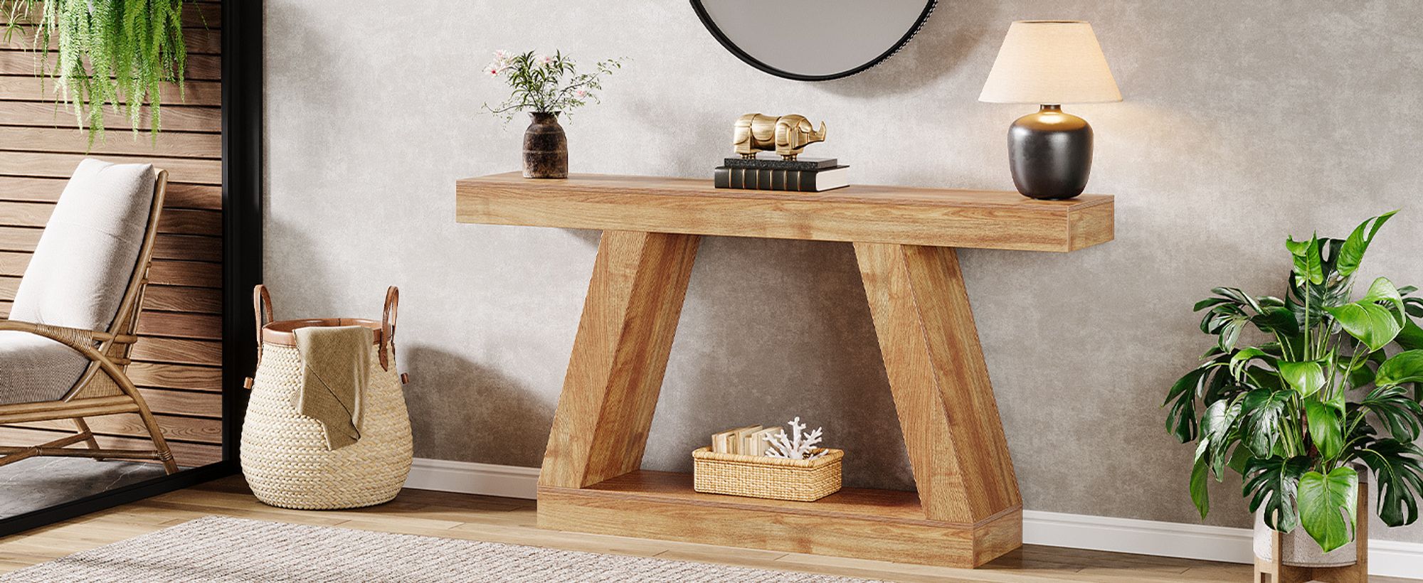 Tribesigns Farmhouse Konsolentisch, 140 cm rustikaler Sofatisch mit Stauraum, industrieller Eingangstisch aus Holz für Flur, Wohnzimmer, Naturbraun