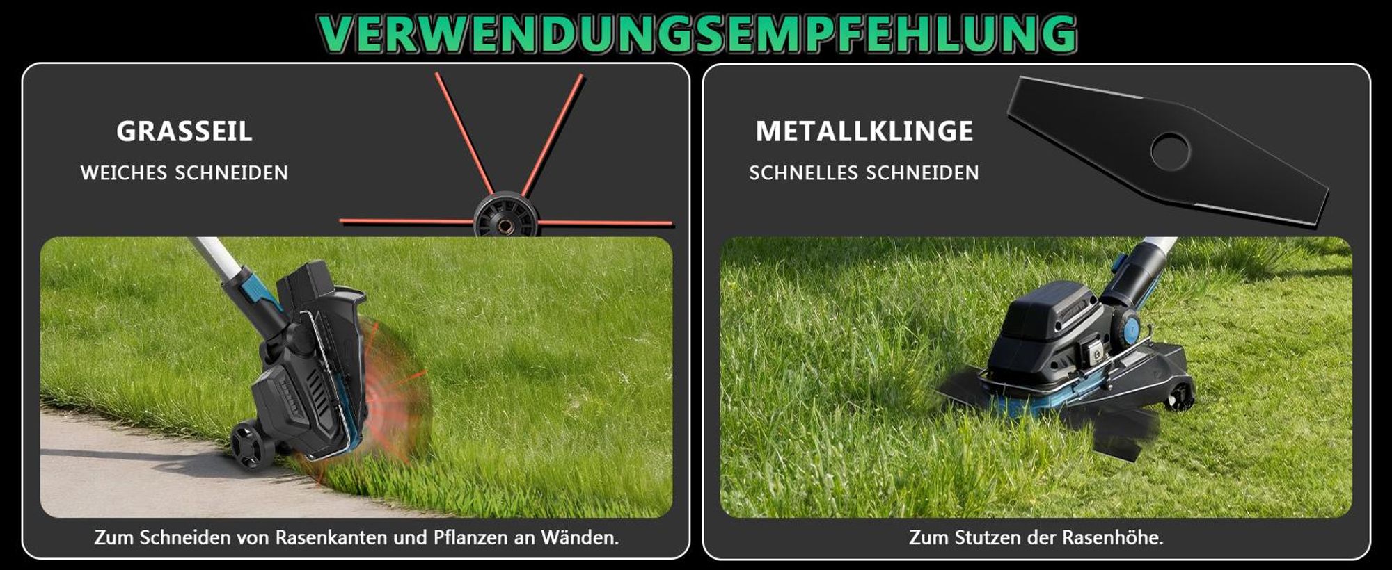 1200W Akku Rasentrimmer Bürstenloser mit 2×4.0Ah Akku 18V, 16800 RPM mit 7 Klingentypen, 90°/100-140cm Einstellbar, für Makita 18V, Freischneider