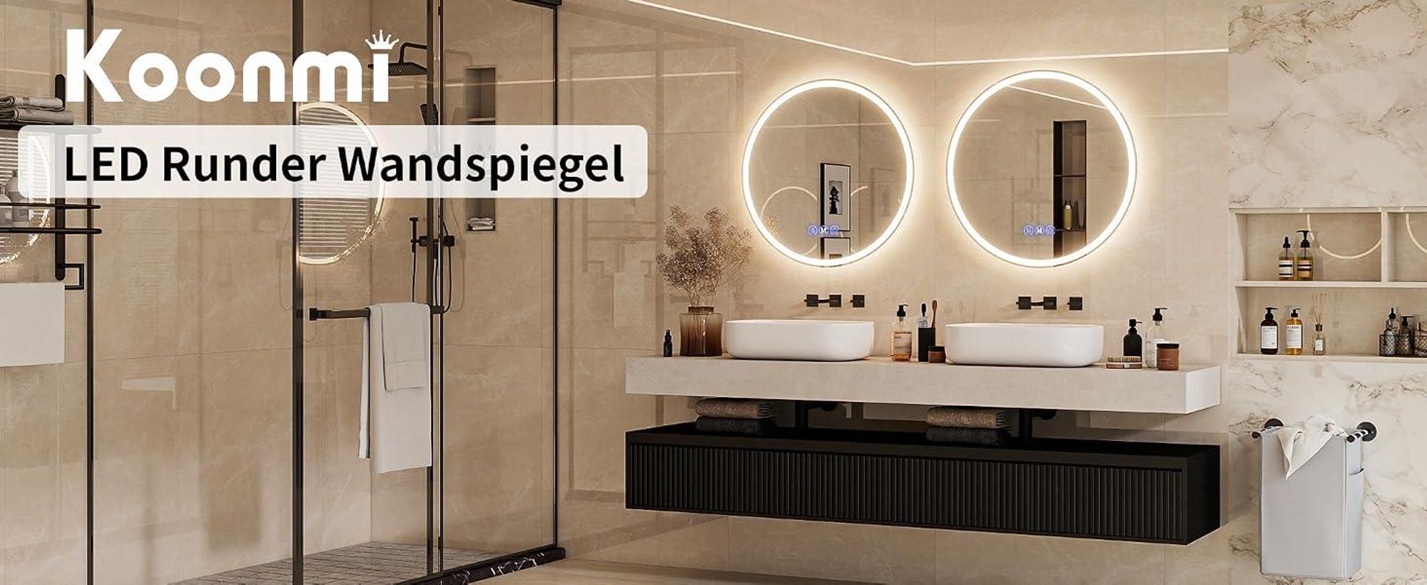 Koonmi runder LED Badspiegel 80 cm, dimmbar, Wandspiegel mit 3 Lichtfarben, Antibeschlagfunktion und bruchsicherem Glas für Badezimmer und Waschtisch