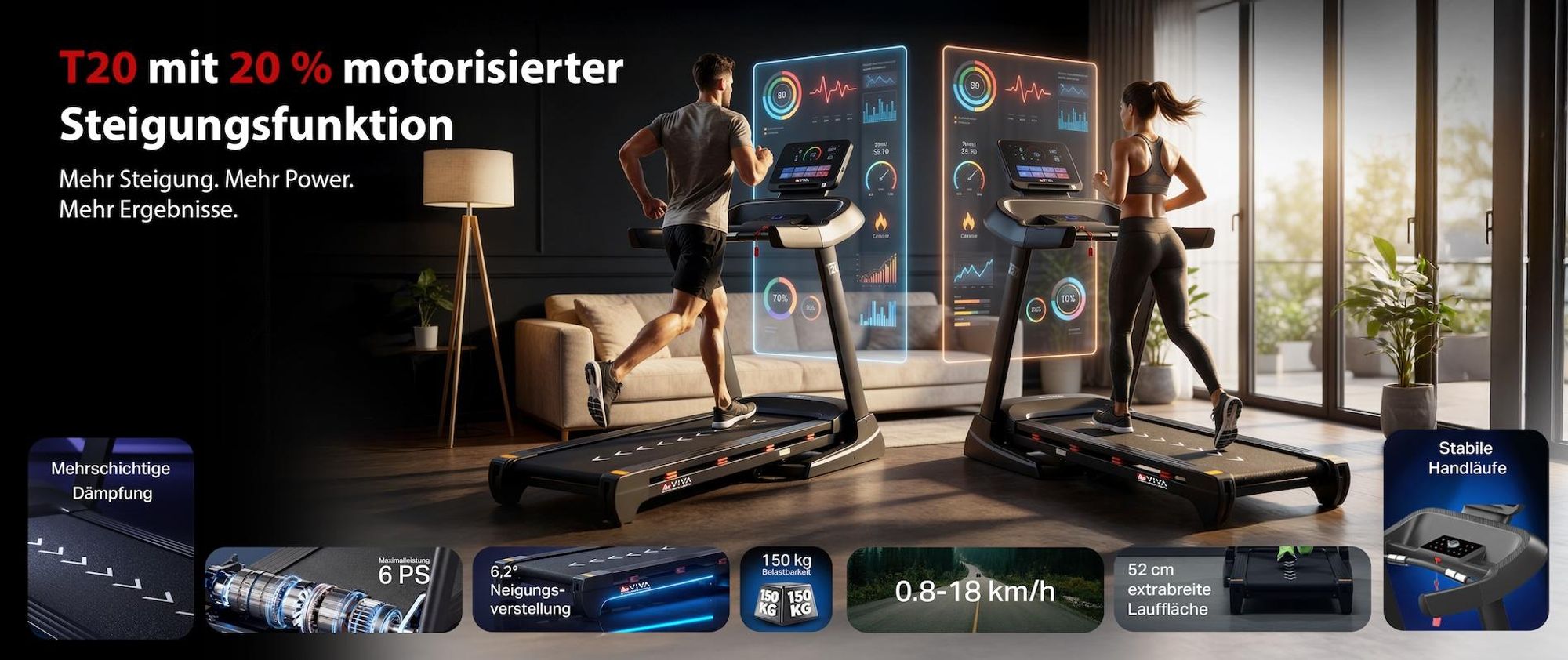 Laufband klappbar AsVIVA T20 Heimtrainer bis 18 km/h leise stabil mit großer Lauffläche App-kompatibel für Zuhause