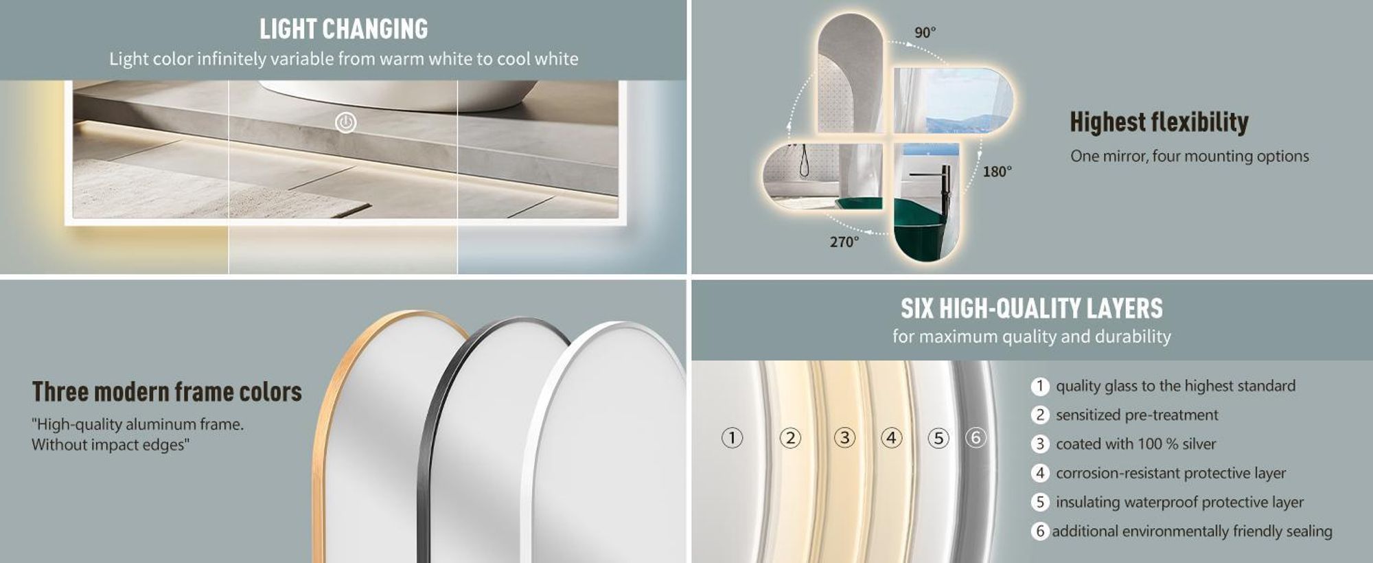 HOKO Miroir de salle de bain arc LED 60x100cm avec cadre métallique, montage HAUT+QUI,Arch miroir lumineux+interrupteur tactile+lumière changeant 2700-6500K, blanc chaud-froid