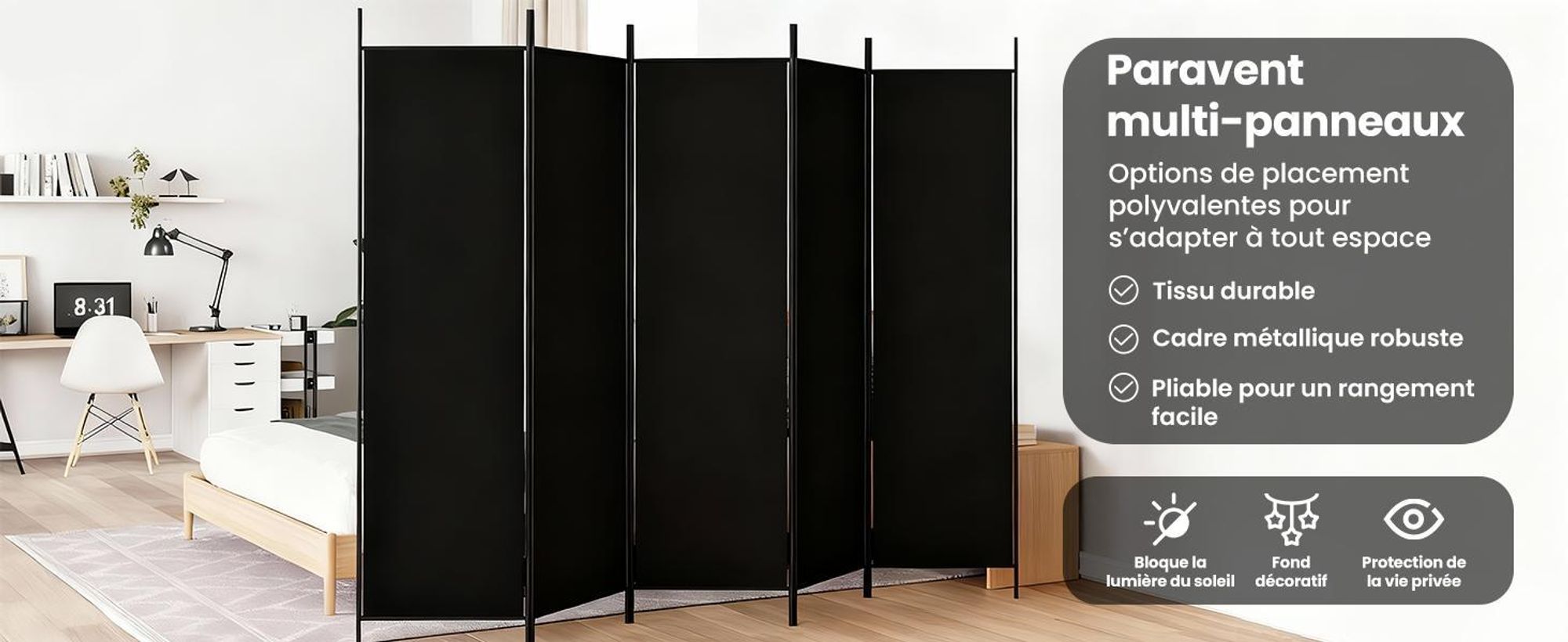 vidaXL Paravent 5 pcs. noir 250x200 cm tissu