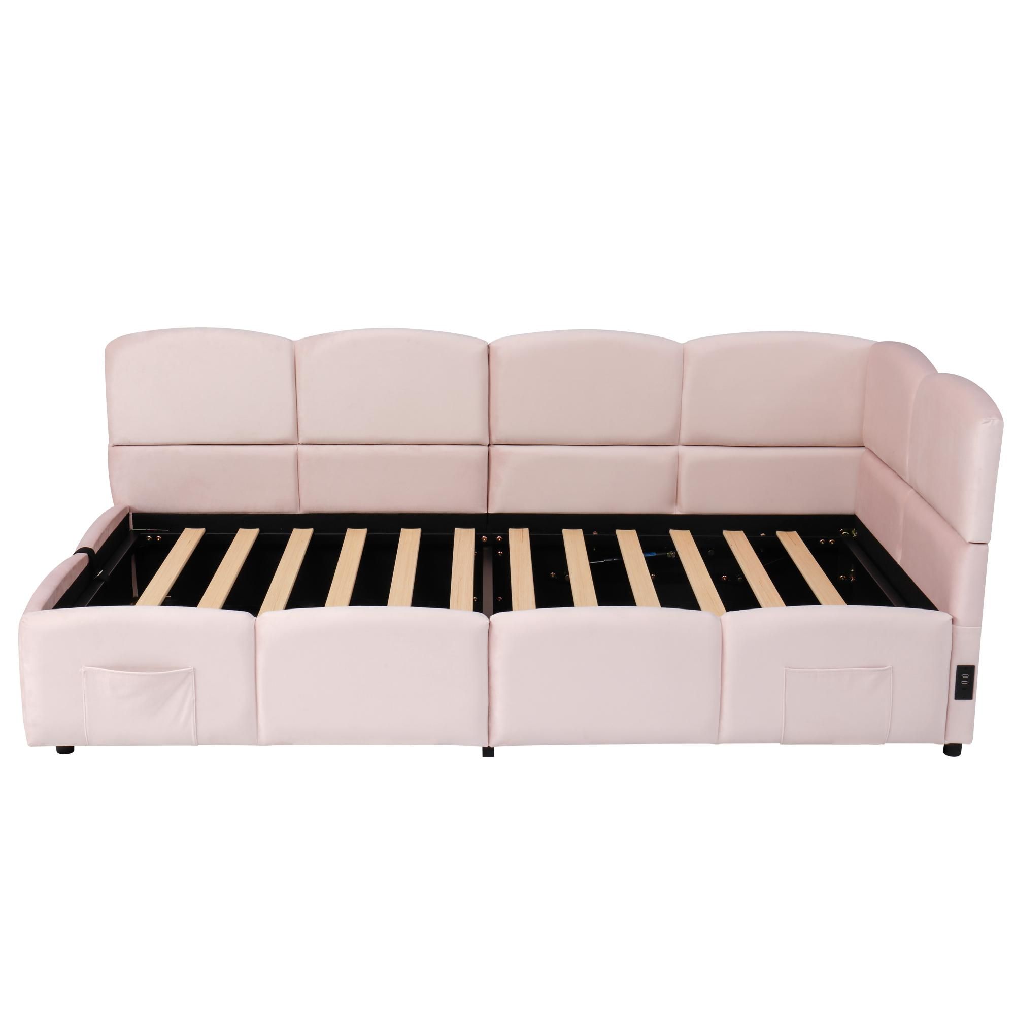 Flieks Hydraulisches Polsterbett 90x200cm mit Stauraum, Schlafsofa Tagesbett mit USB & Type-c, Stauraumbett Einzelbett, Samt, Rosa