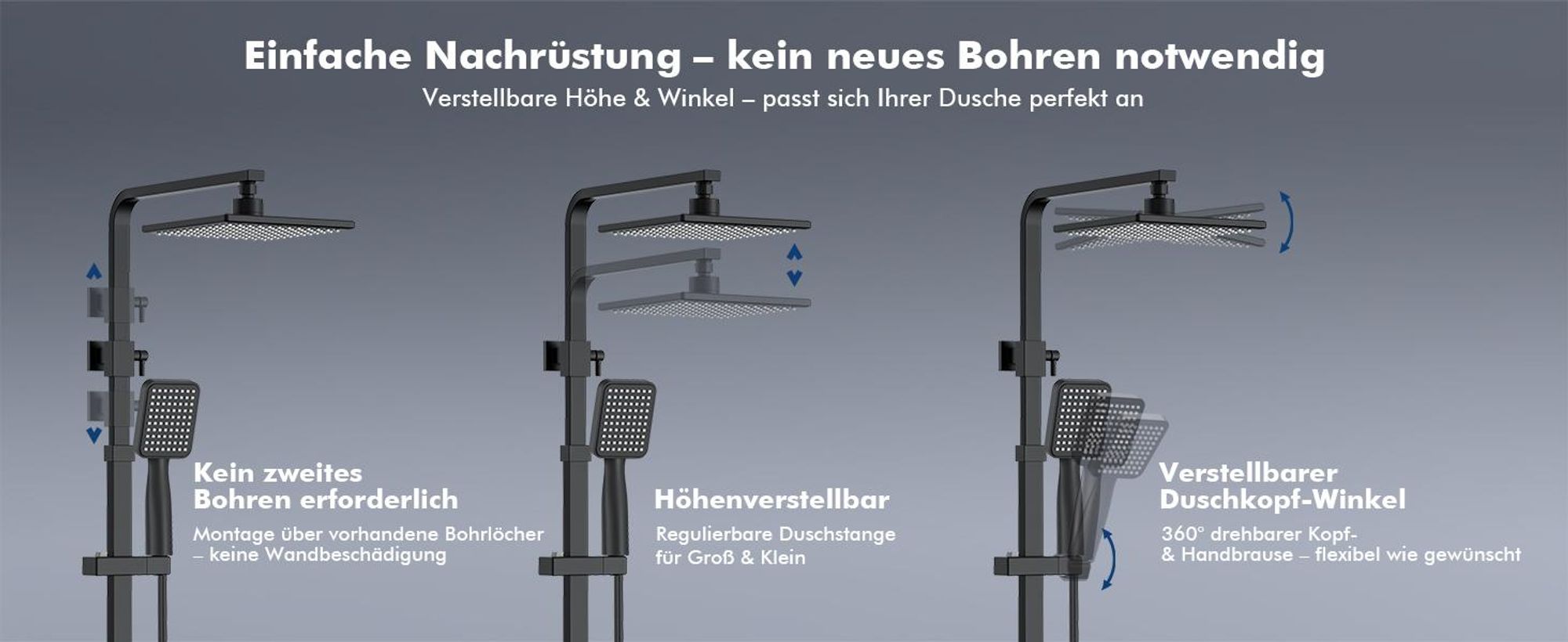 Homelody Duschsystem Schwarz Regendusche Duschset ohne Armatur mit Überkopfbrause Handbrause Duschsäule Duschsystem mit Umsteller eckig Duschsäule für Badezimmer, schwarz