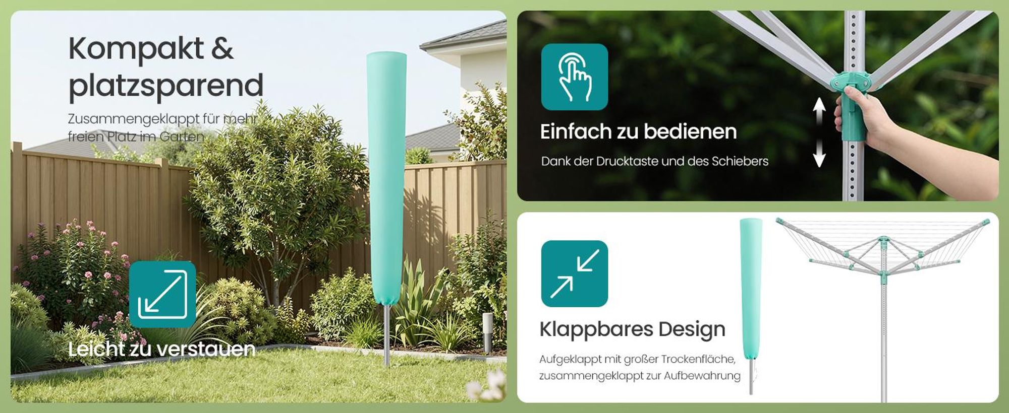 SONGMICS Wäschespinne, höhenverstellbarer, 40 m Wäscheleine, für 4 Waschladungen, draußen, silbern-grün