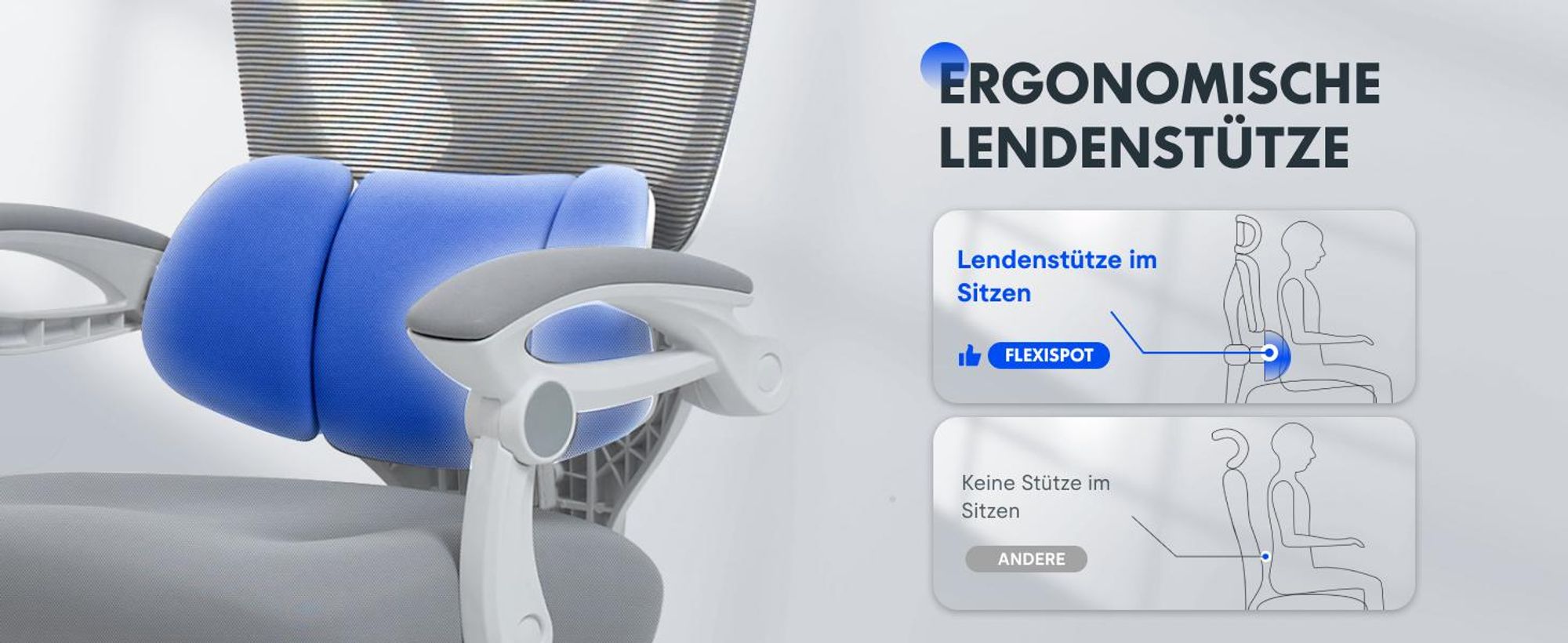 FLEXISPOT Ergonomischer Bürostuhl mit 3D-Kopfstütze, verstellbarer Lendenstütze, Wippfunktion 90–135°, Verbindungsarmlehnen, Fußstütze, 136 kg, Grau