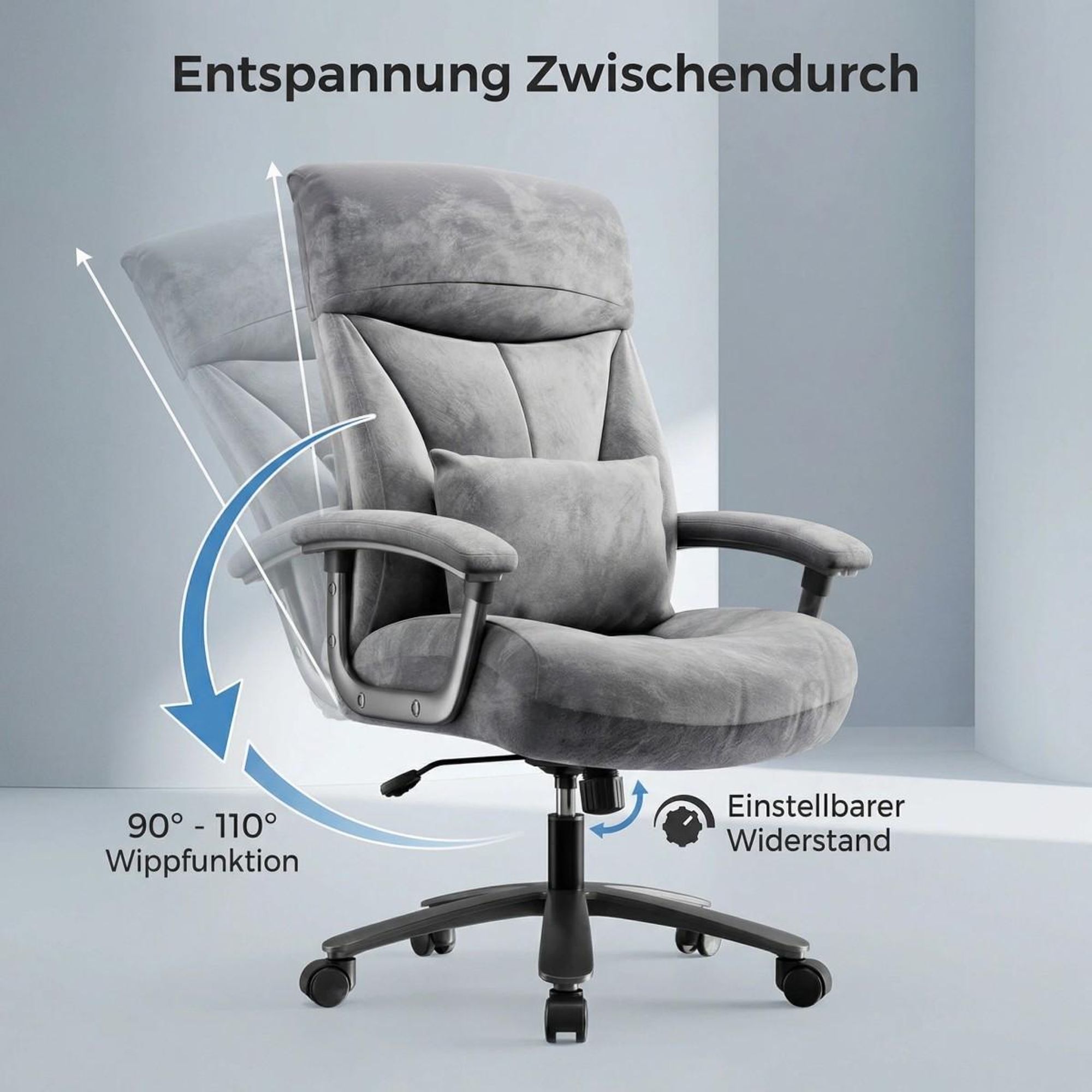 Grauer Bürostuhl mit 90–110° Wippfunktion und individuell einstellbarem Lehnenwiderstand