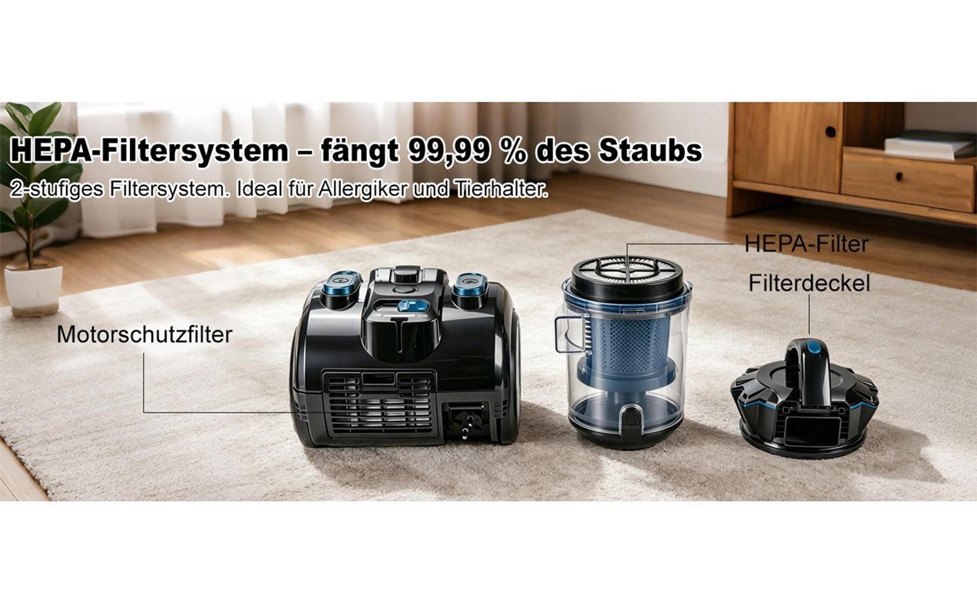 Bodenstaubsauger staubsauger beutellos, Hygiene-Filter, hohe Saugkraft kompakt für Hartboden/Teppich, Turbodüse, Polsterdüse, 6m langes Kabel
