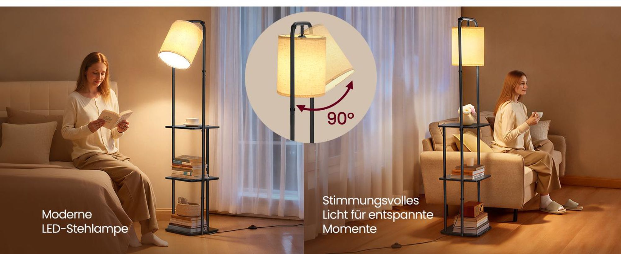VASAGLE Stehlampe mit 3 Ablagen, Standleuchte, Stehleuchte, LED-Glühbirne inklusive, mit Fußschalter, Lampenschirm aus Stoff