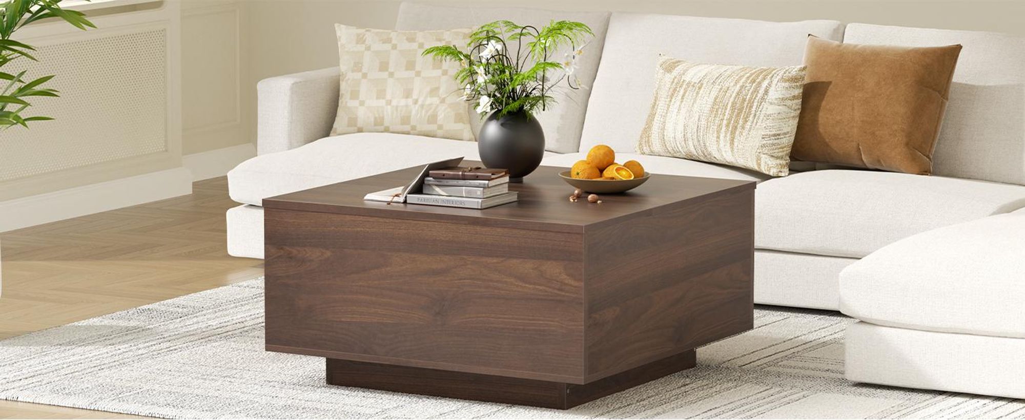 FABATO Couchtisch eckig, höhenverstellbar mit verstecktem Staufach, Landhaus-Design in Nussbaum