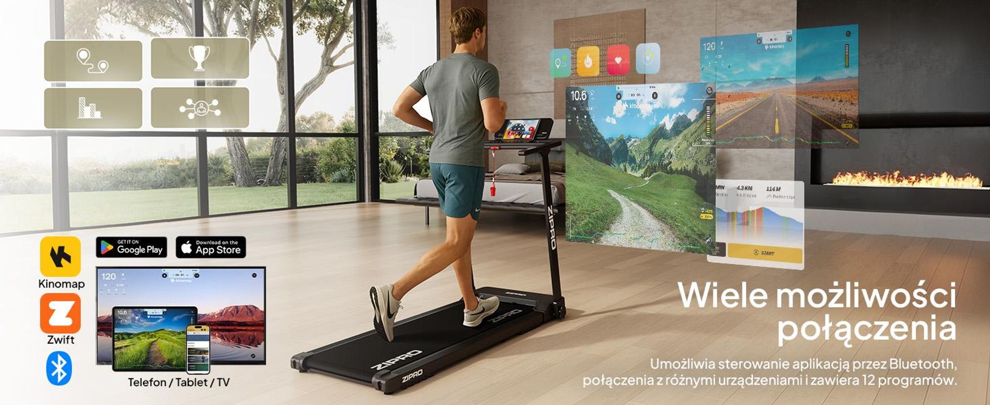 Bieżnia elektryczna ZIPRO Forma | Składana pod Łóżko do Biegania | 1-12 km/h | Pas 120x40 cm | Amortyzacja Reel Feel | Zwift Kinomap | do 120 kg