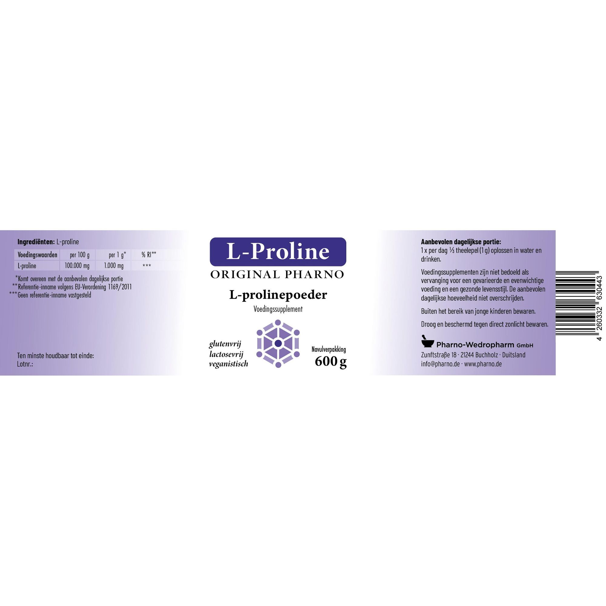 Original Pharno L-Proline 600 g – puur prolinepoeder, vegan