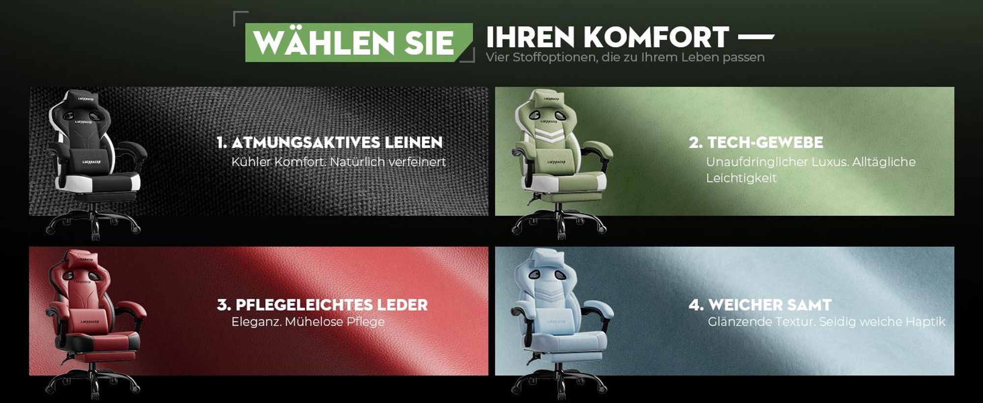 LUCKRACER Gaming Stuhl, Bürostuhl mit verbundenen Armlehnen, Memory-Schaum-Kissen, 90–155° Neigungswinkel und Fußstütze, strapazierfähigem Funktionsge