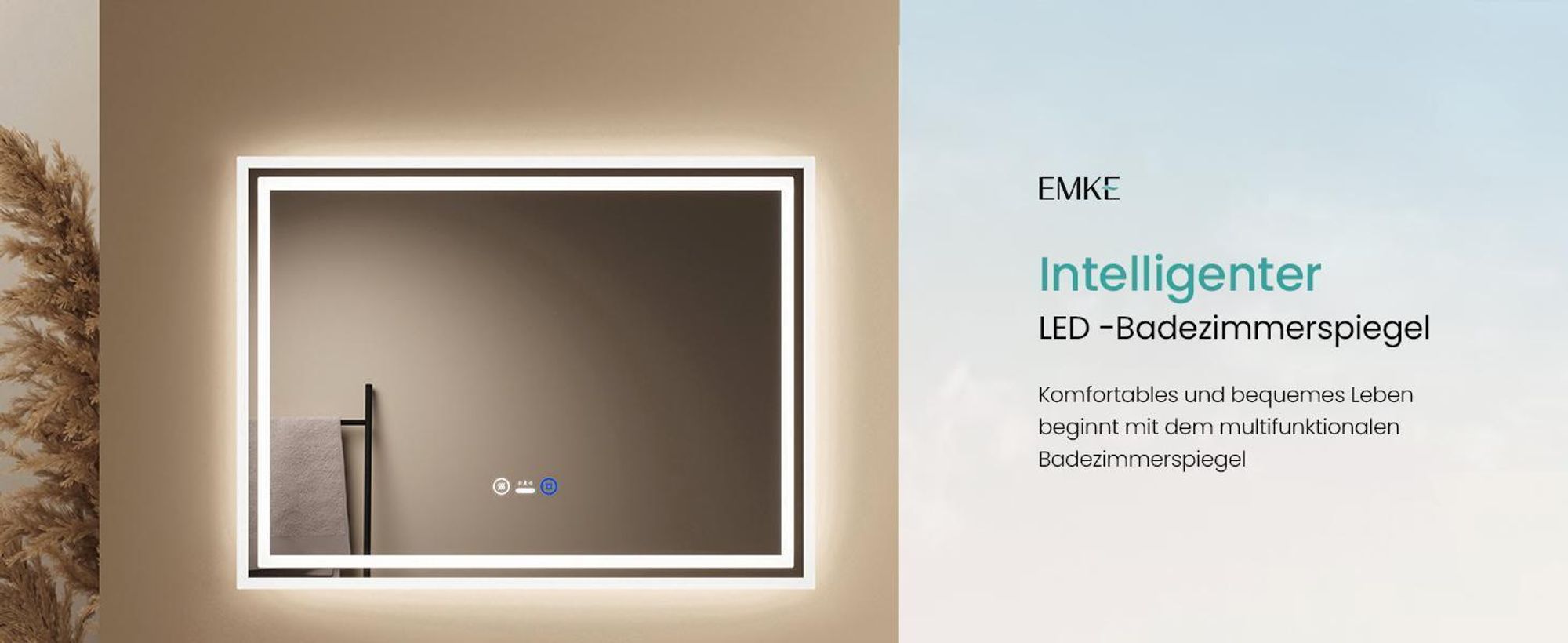 EMKE LED Badspiegel mit Bewegungssensor 80x60cm mit Touch, Beschlagfrei, 3 Lichtfarbe dimmbar, 1 Stunden automatische Abschaltung IP44 energiesparend