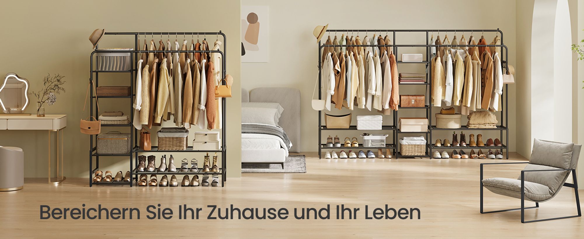 Kleiderständer, offener Kleiderschrank, Garderobenständer mit 9 Ablagen, Metallrahmen, Kleiderstange, schwarz