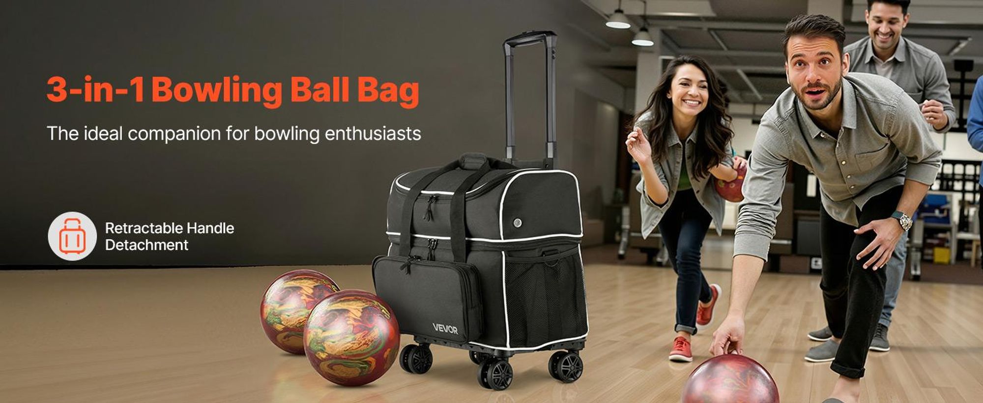 VEVOR Bowlingballtasche, 2-Ball-Doppelroller-Bowlingtasche mit Rädern, mit einem separaten Fach für Schuhe (bis US-Größe 16) und übergroßer Zubehörtasche, ausziehbarer Griff bis 1050 mm, Schwarz und Weiß-2 Bälle