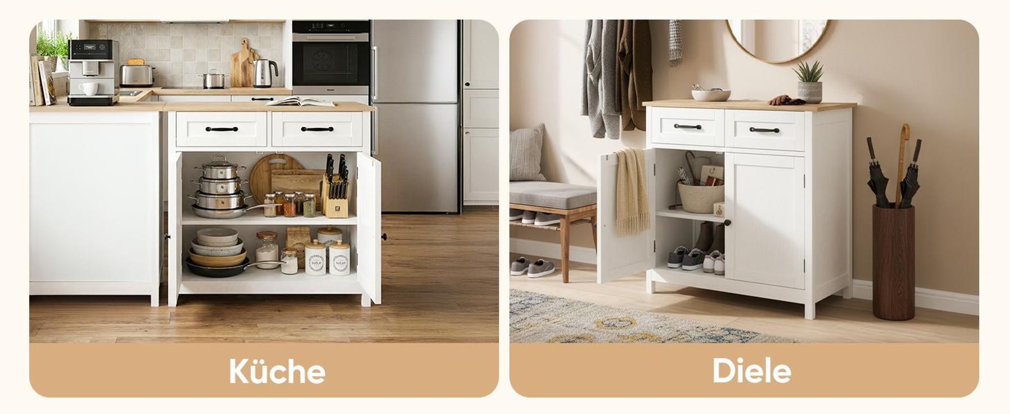 HOKEEPER Küchenschrank, Sideboard Wohnzimmer, Kommode mit 2 Schubladen und 2 Türen, Küchenbuffet mit Arbeitsplatten, Braun