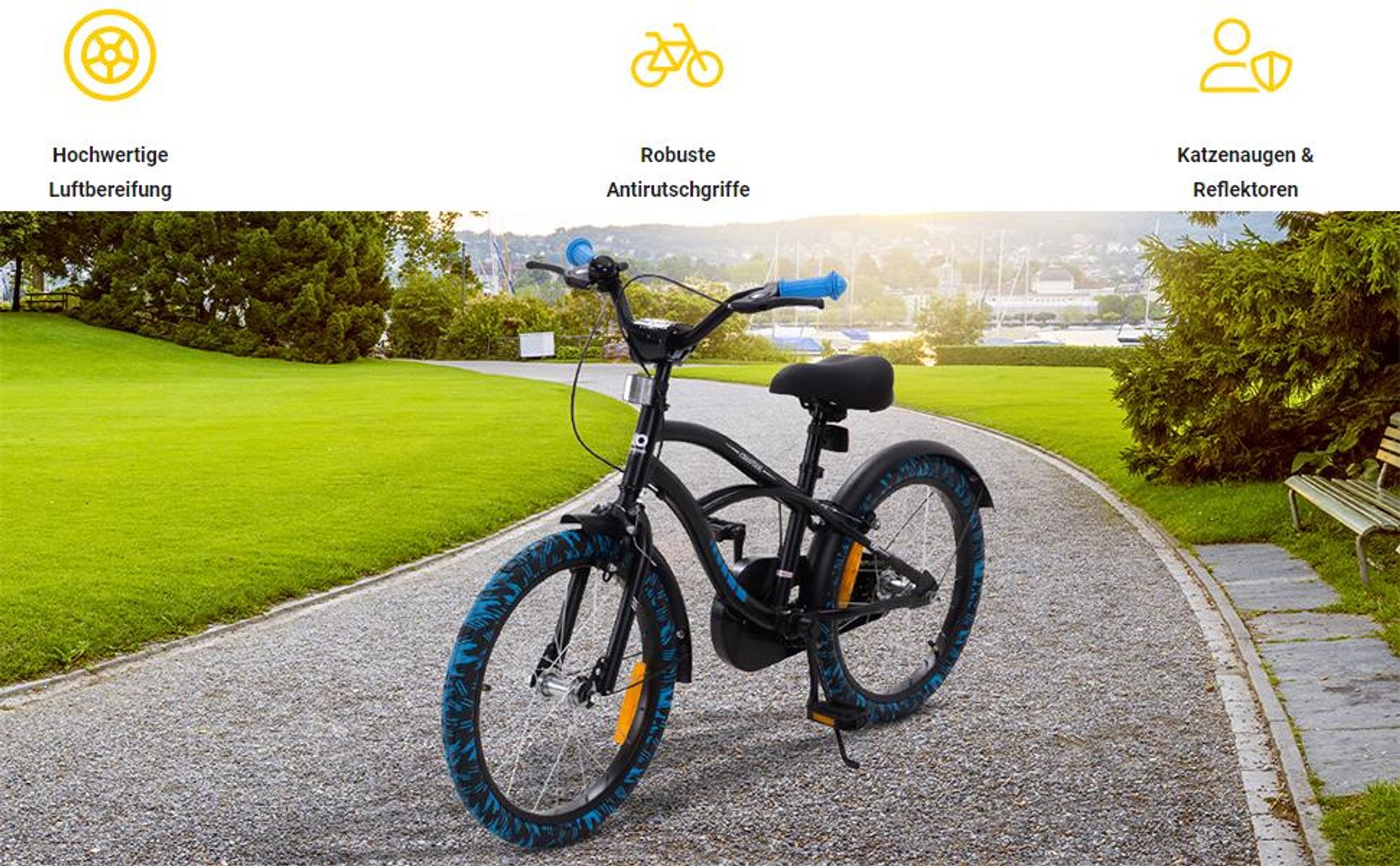 Actionbikes Kinderfahrrad Cruiser 18 Zoll | Kinder Jugend Fahrrad - V-Brake Bremsen - Kettenschutz - Seitenständer - 5-8 Jahre (Schwarz/Blau)