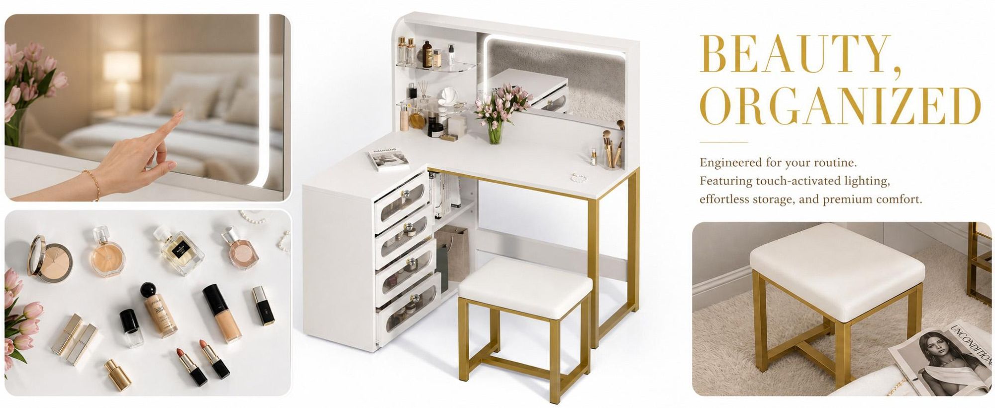 INONEFT Schminktisch mit LED-Beleuchtung, einstellbare Helligkeit, mit 5 Schubladen, mit 1 Hocker
