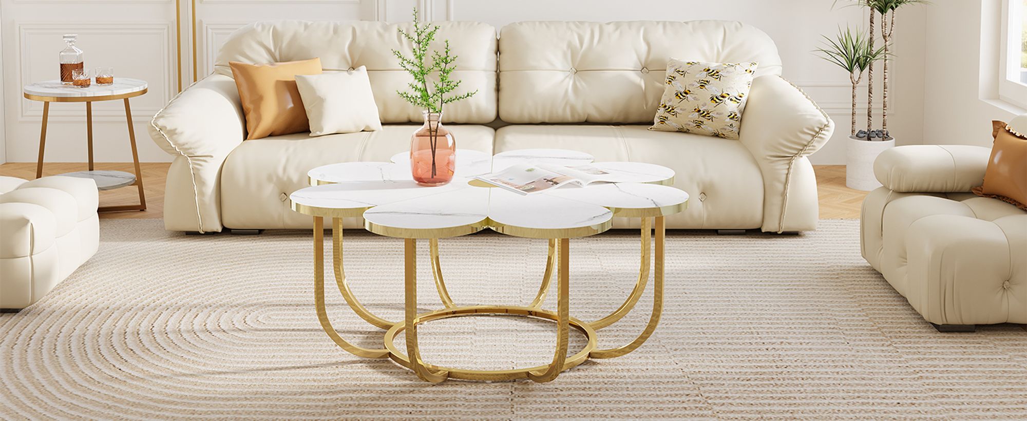 LITTLE TREE Couchtisch in Weiß und Gold, Moderner Couchtisch in Blumenform mit Tischplatte aus Kunstmarmor, 100cm Akzenttisch mit Metallrahmen