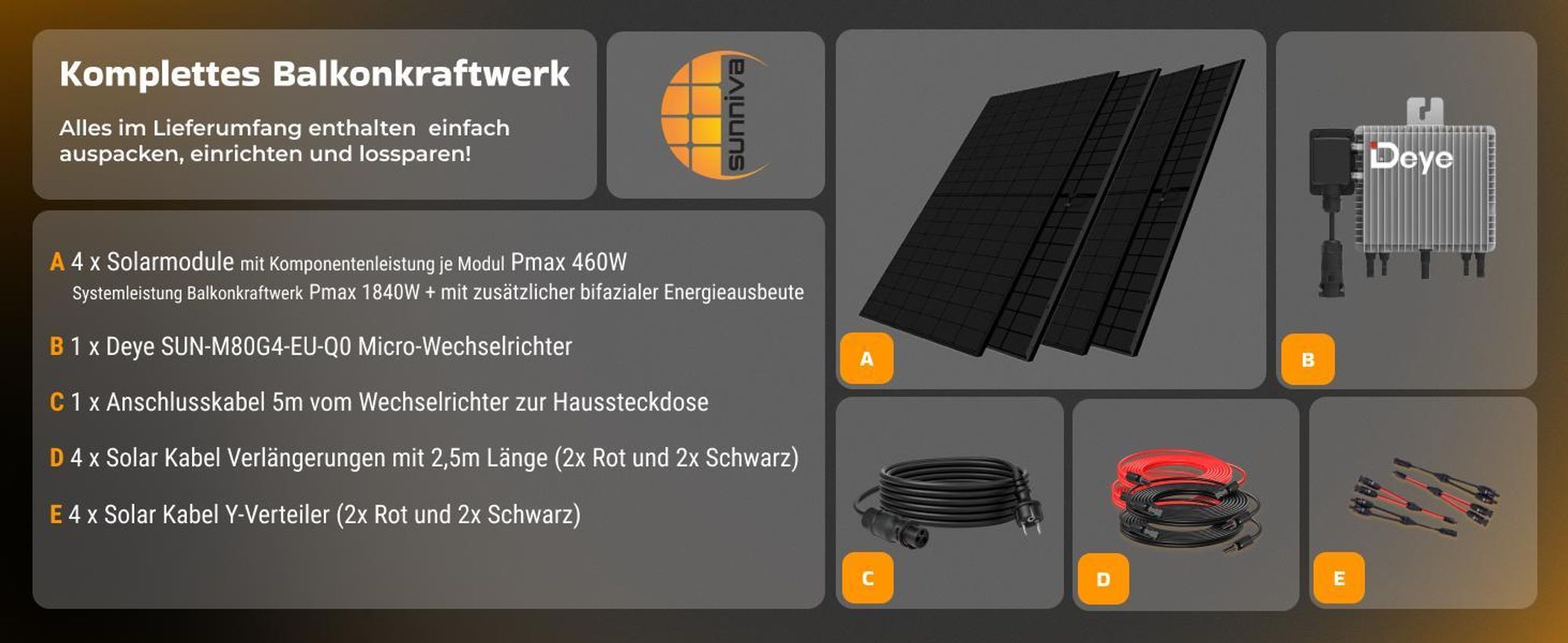 SUNNIVA® 1840W Balkonkraftwerk BIFAZIAL FULLBLACK komplett Steckdose DEYE800W Wechselrichter, PV Solaranlage, 5m Kabel, Bluetooth WIFI