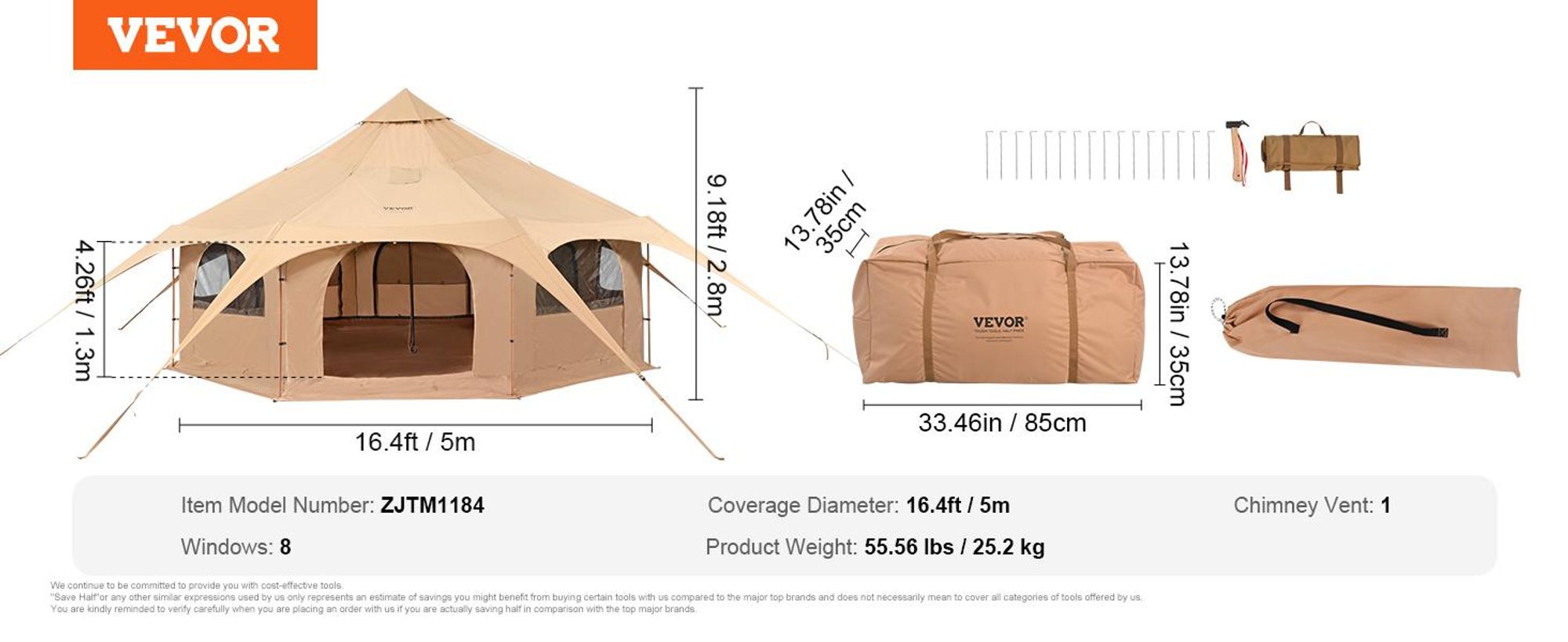 VEVOR Glockenzelt 5 x 2,8 m Jurten Zelt TC-Baumwolle und robusten Eisenstangen mit einer Bodenplane aus Oxford-Stoff Campingzelt 8 Personen Familienzelt 8 Fenster Gruppenzelt für Outdoor-Abenteuer