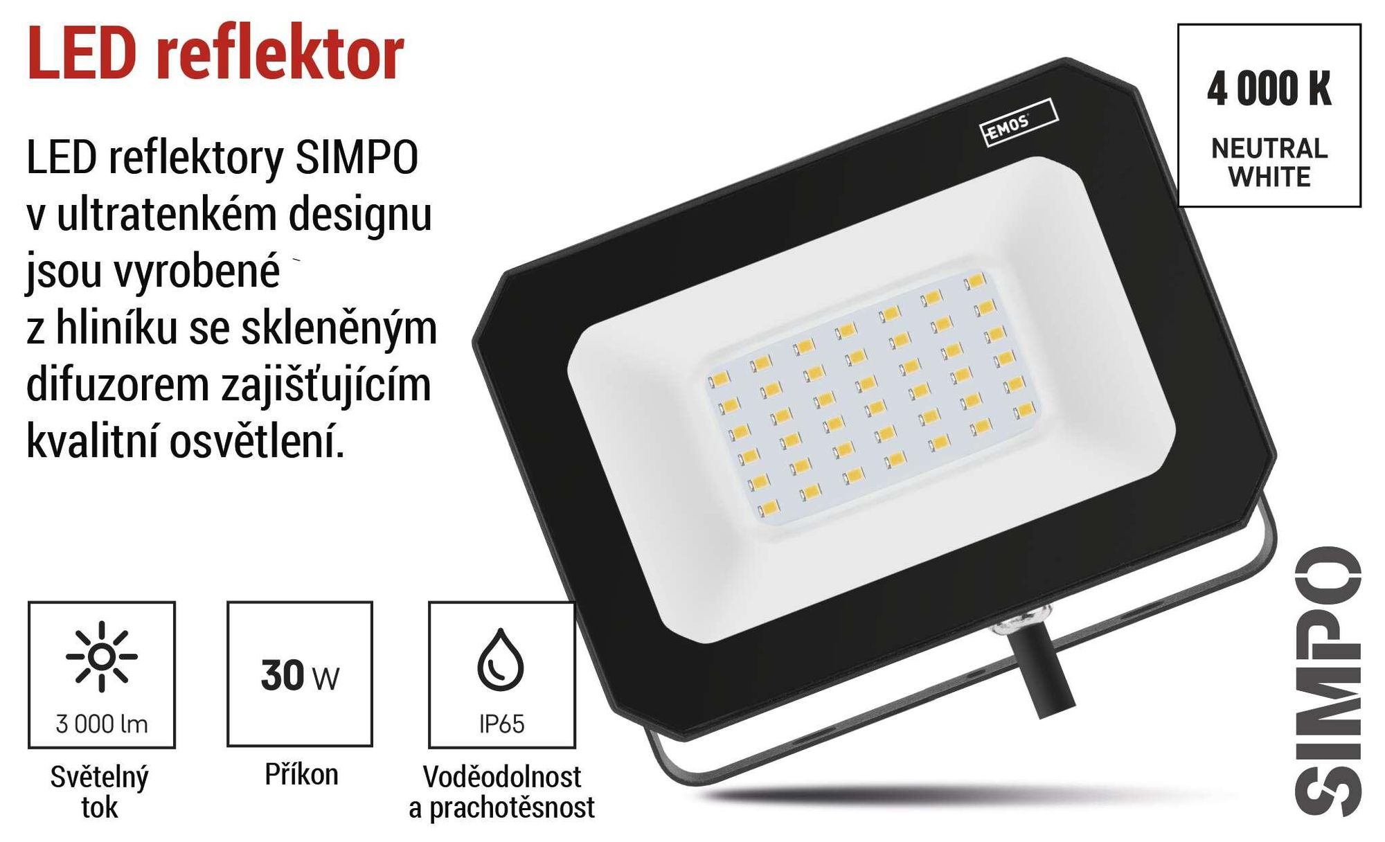 EMOS LED reflektor SIMPO 30 W, černý, neutrální bílá, ZS2233