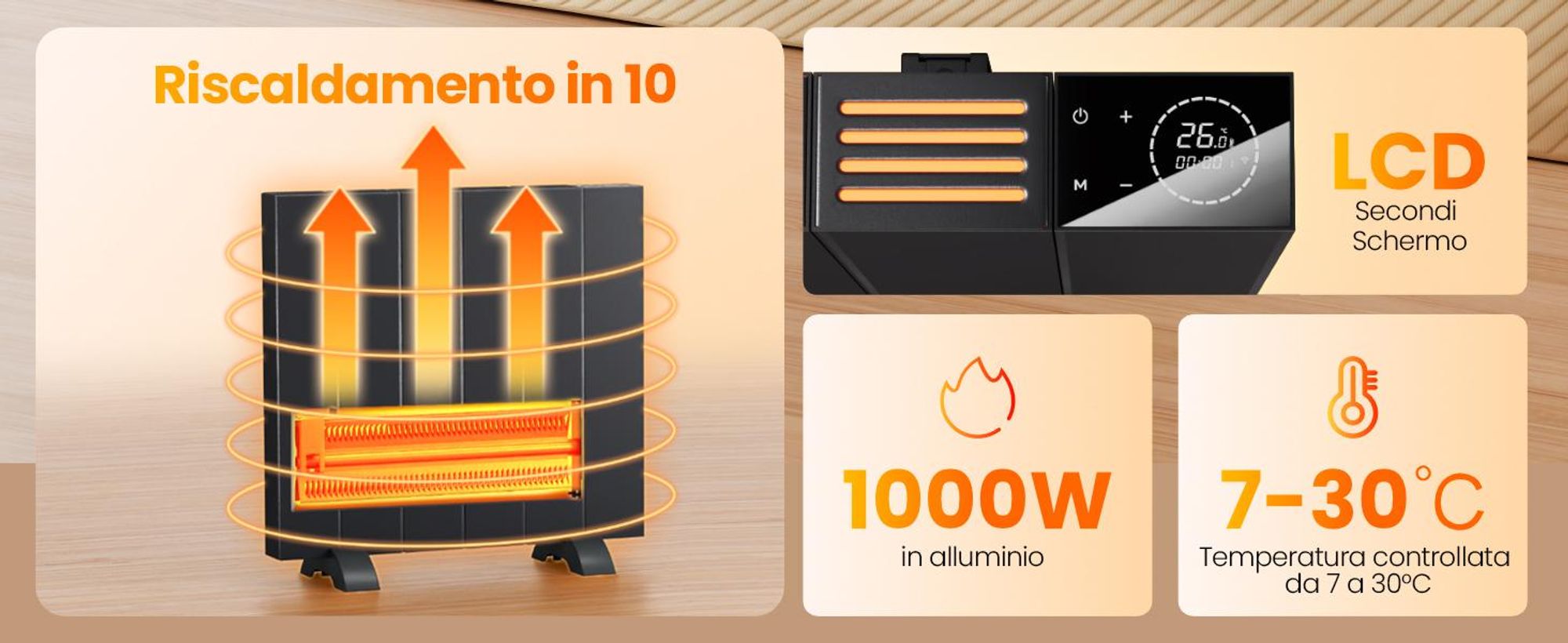 EMKE® Riscaldatore elettrico 1000W Display LCD convettore elettrico antracite WiFi + Alexa/Google Home Radiatore elettrico antracite a pavimento+a parete per 9m²