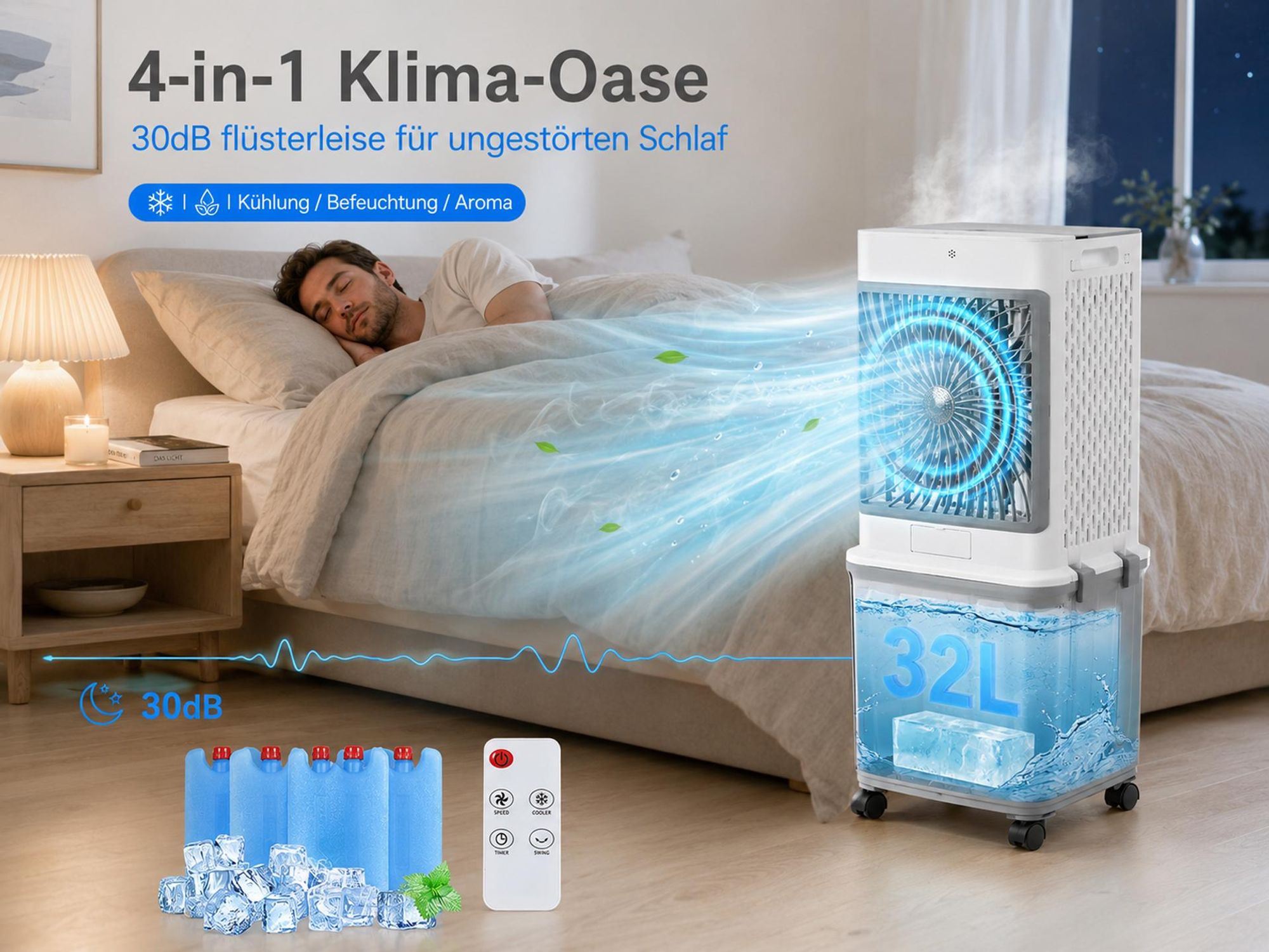 32L Klimagerät Mobil Ohne Abluftschlauch 70W Klimaanlage mit 4 Eisboxen 30H Laufzeit 30dB Leise Ventilator Mit Wasserkühlung Wohnung Zimmer Räume 85cm