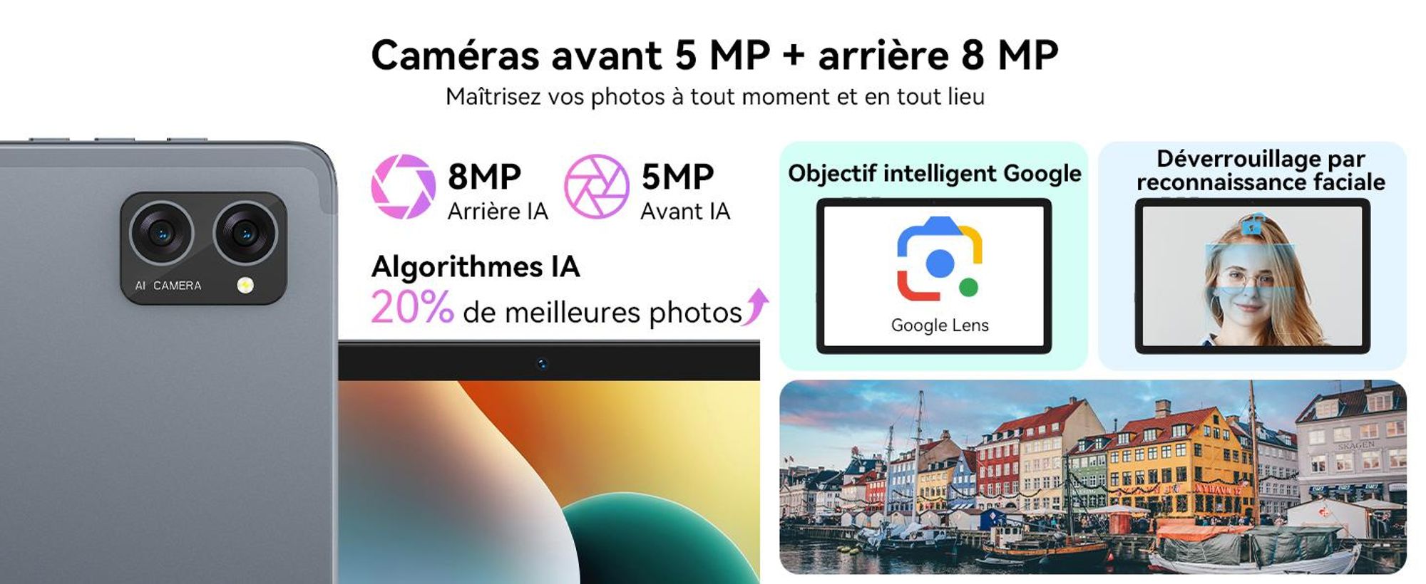TABWEE T20 Android 16, écran 10,1 pouces, 24+256 Go avec accessoires, tablette PC, Face ID, Widevine L1, Wi-Fi 5G, Gemini AI, 8+5 MP, GPS