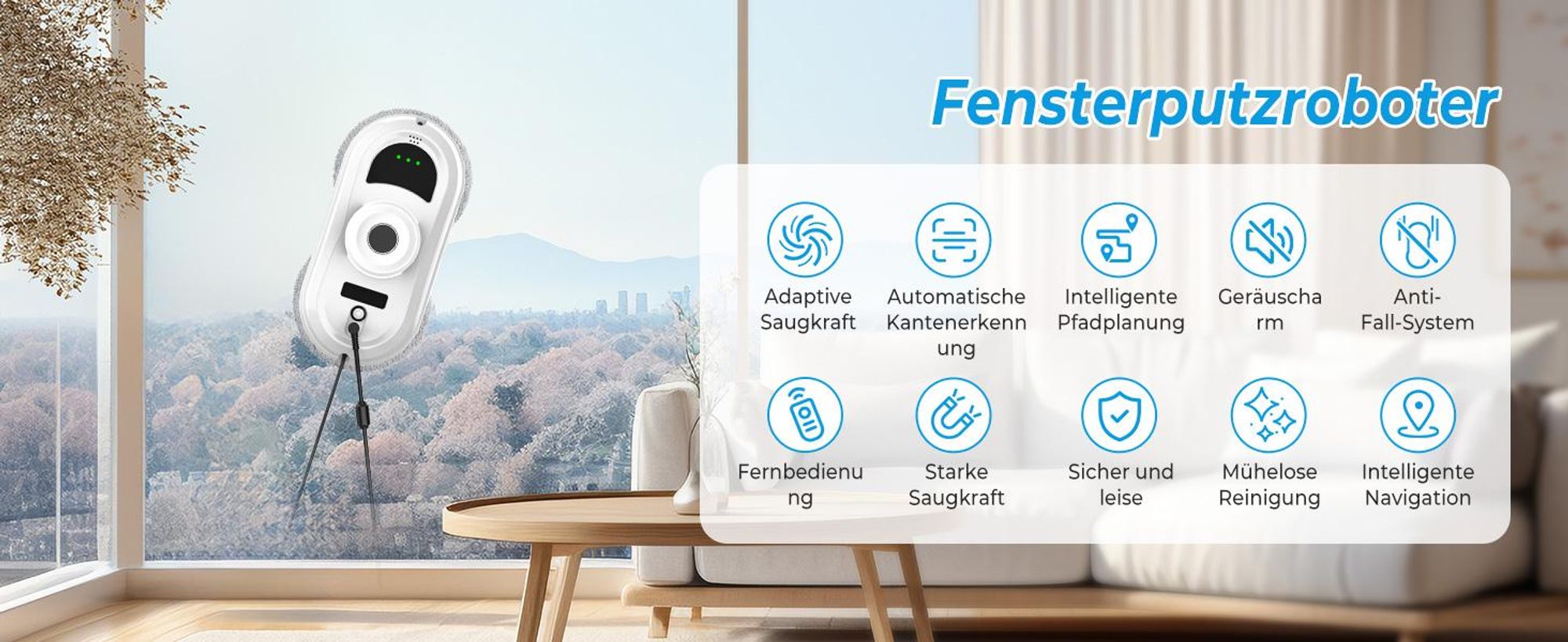 Fensterputzroboter, Fenstersauger, Fensterputzer, Fensterreiniger Elektrisch, 5600Pa Saugleistung, 3 Reinigungsmodi, Intelligente Pfadplanung