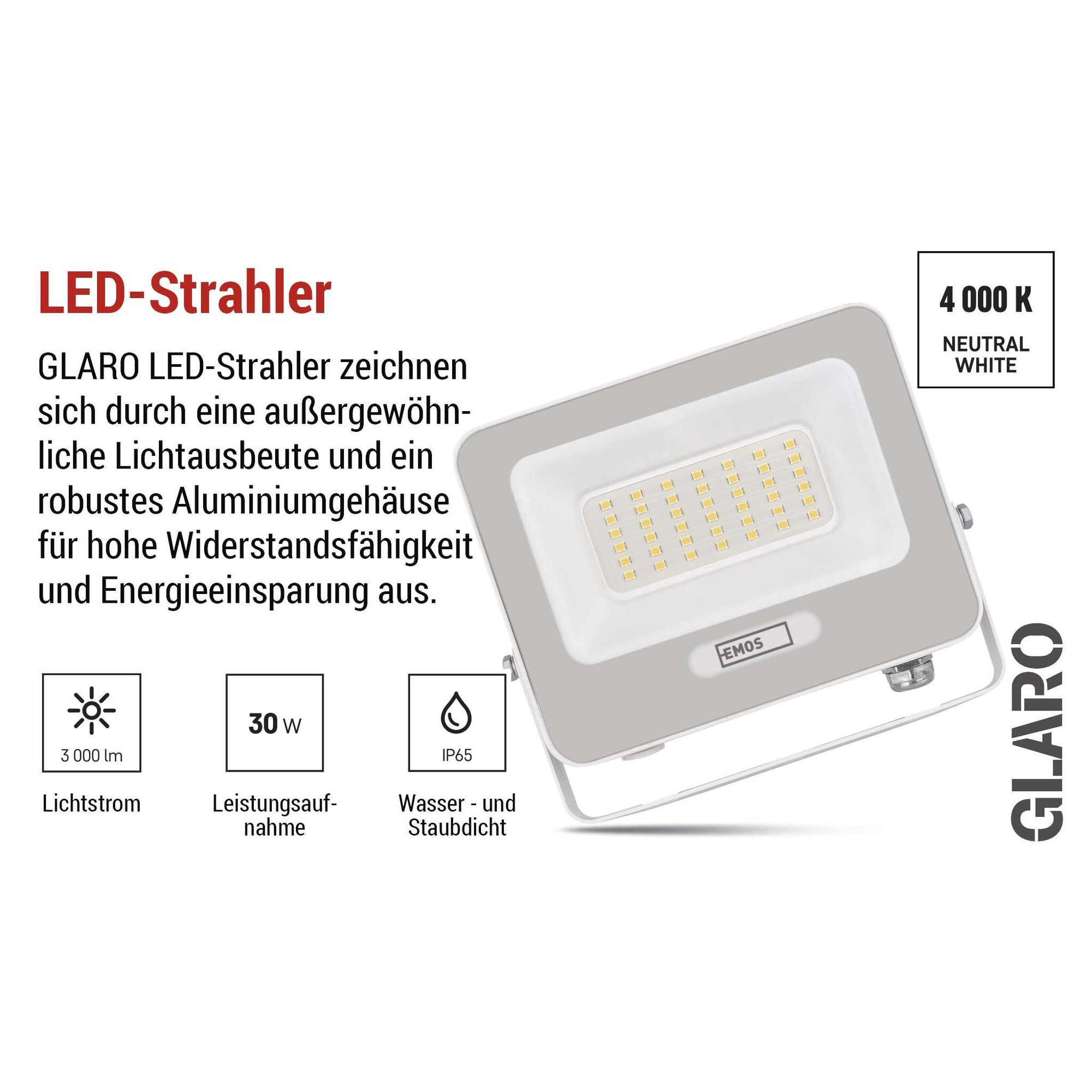 EMOS LED Aluminium-Strahler GLARO 30W, IP65 Wasserdicht für Feuchtraum/Außen, superhell 3000lm, Neutralweiß 4000K, 20cm Gummi-Kabel, Weiß, ZS2234W